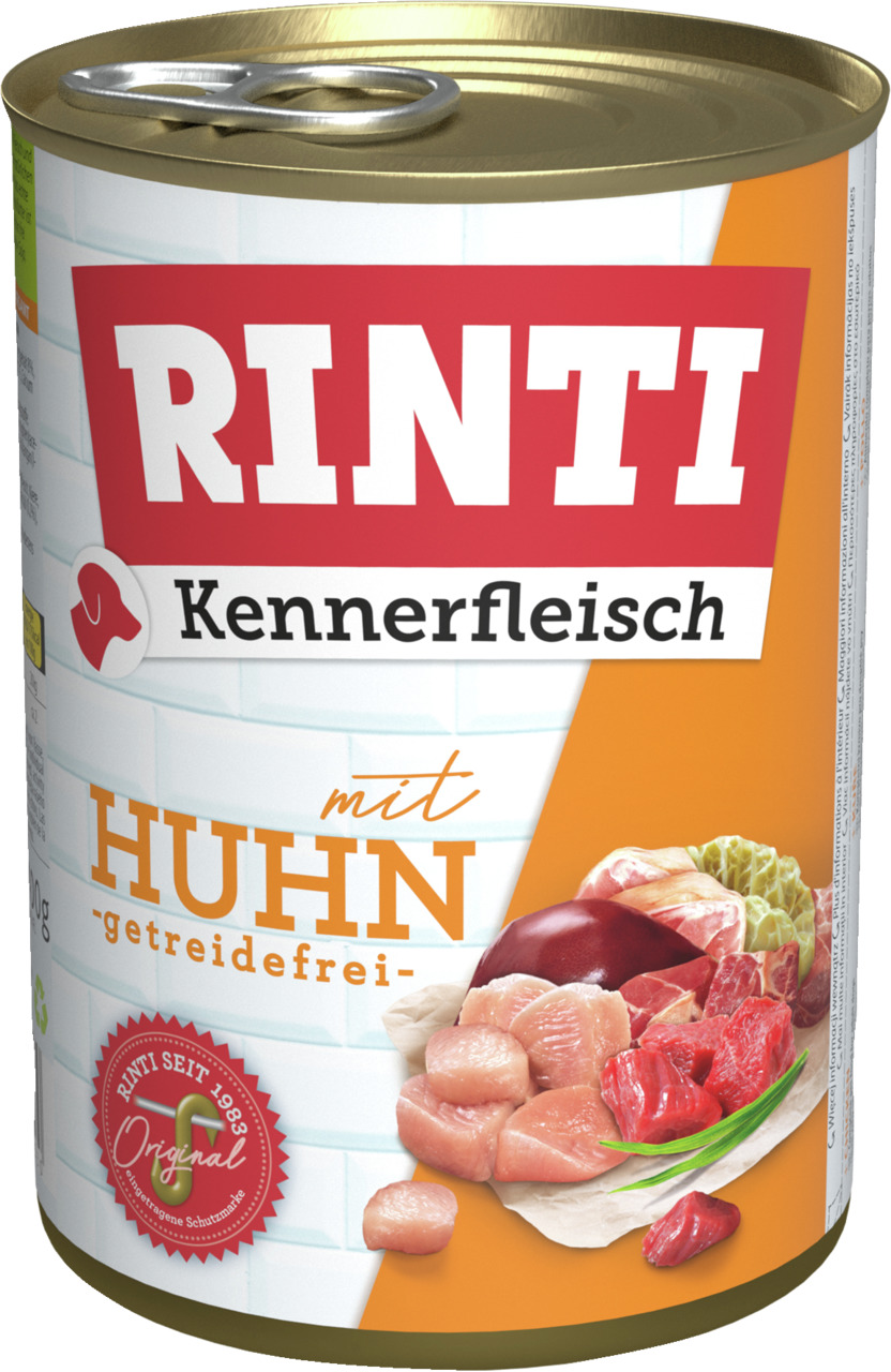 RINTI Kennerfleisch Hundefutter, mit Huhn, getreidefrei, frisches Fleisch & Gemüse, 400 g.