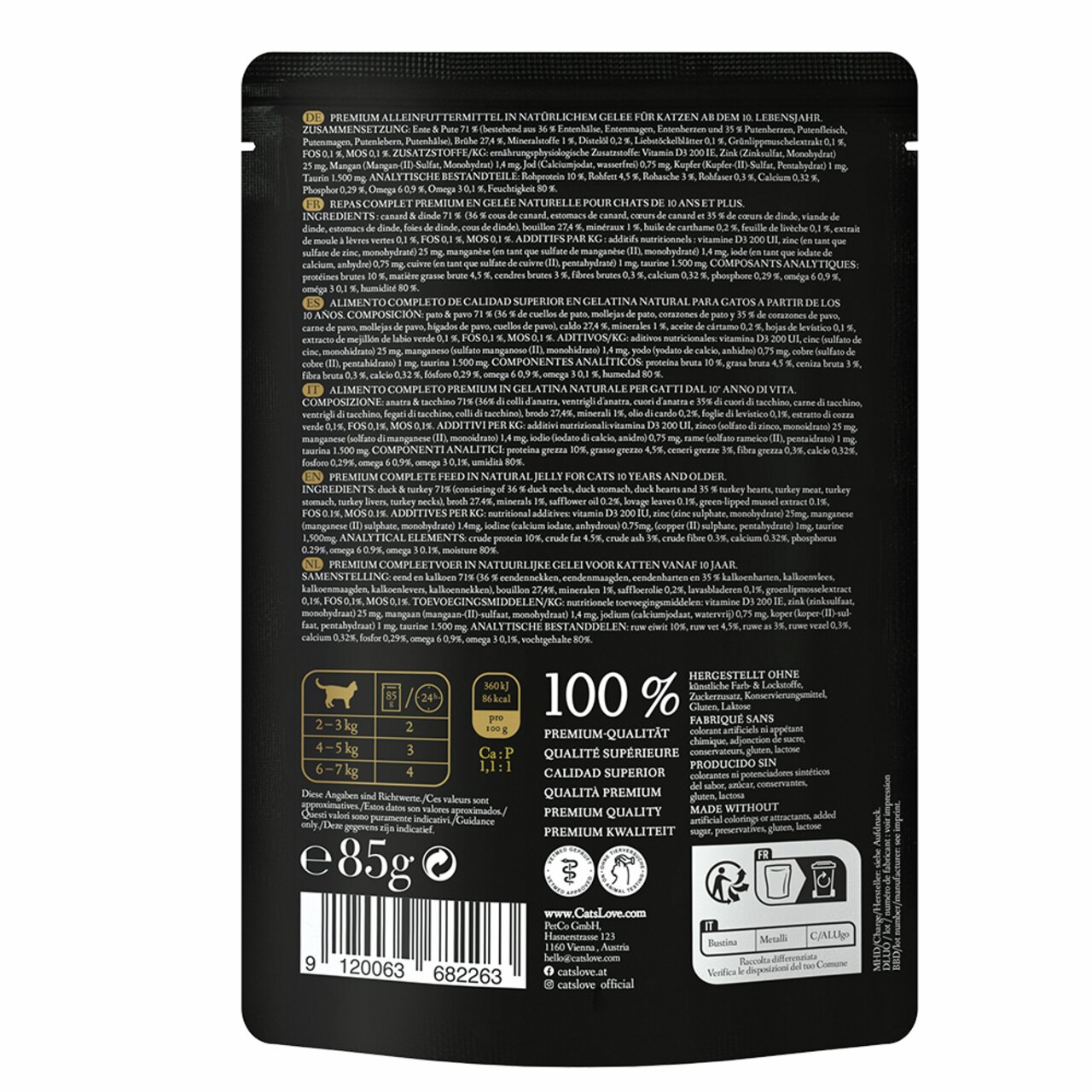 Cat's Love Nassfutter, Katzen ab 1 Jahr, Huhn und Truthahn, ohne Zuckerzusatz, 85 g Beutel, Premium-Qualität.
