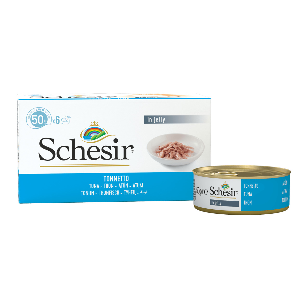 Schesir Tonnetto in Jelly, Katzenfutter, Thunfisch in Gelee, 6x50g, modern, blau-weißes Design mit Produktbild.