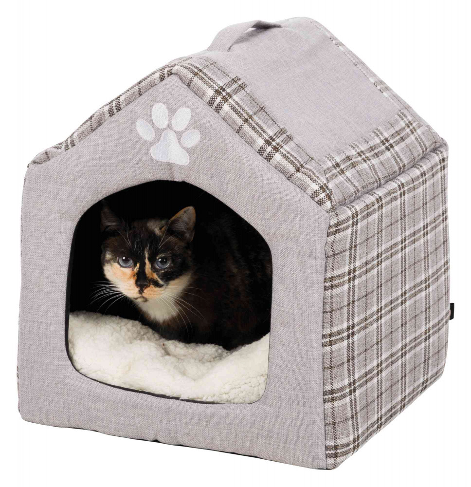 TRIXIE Kuschelhäuschen, Katzen-Hunde, kariertes Design, grau-beige, Plüsch-Liegefläche, gemütl. Rückzugsort, Pfotenstickerei.