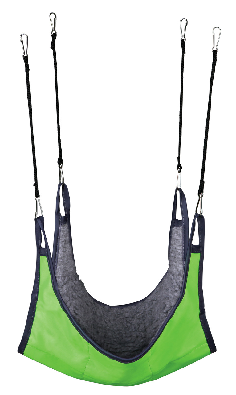 Hängematte TRIXIE für Ratten/Frettchen, weiches Plüsch-Innenfutter, robuste grüne Außenseite, 4 Karabiner, gemütlicher Rückzugsort.