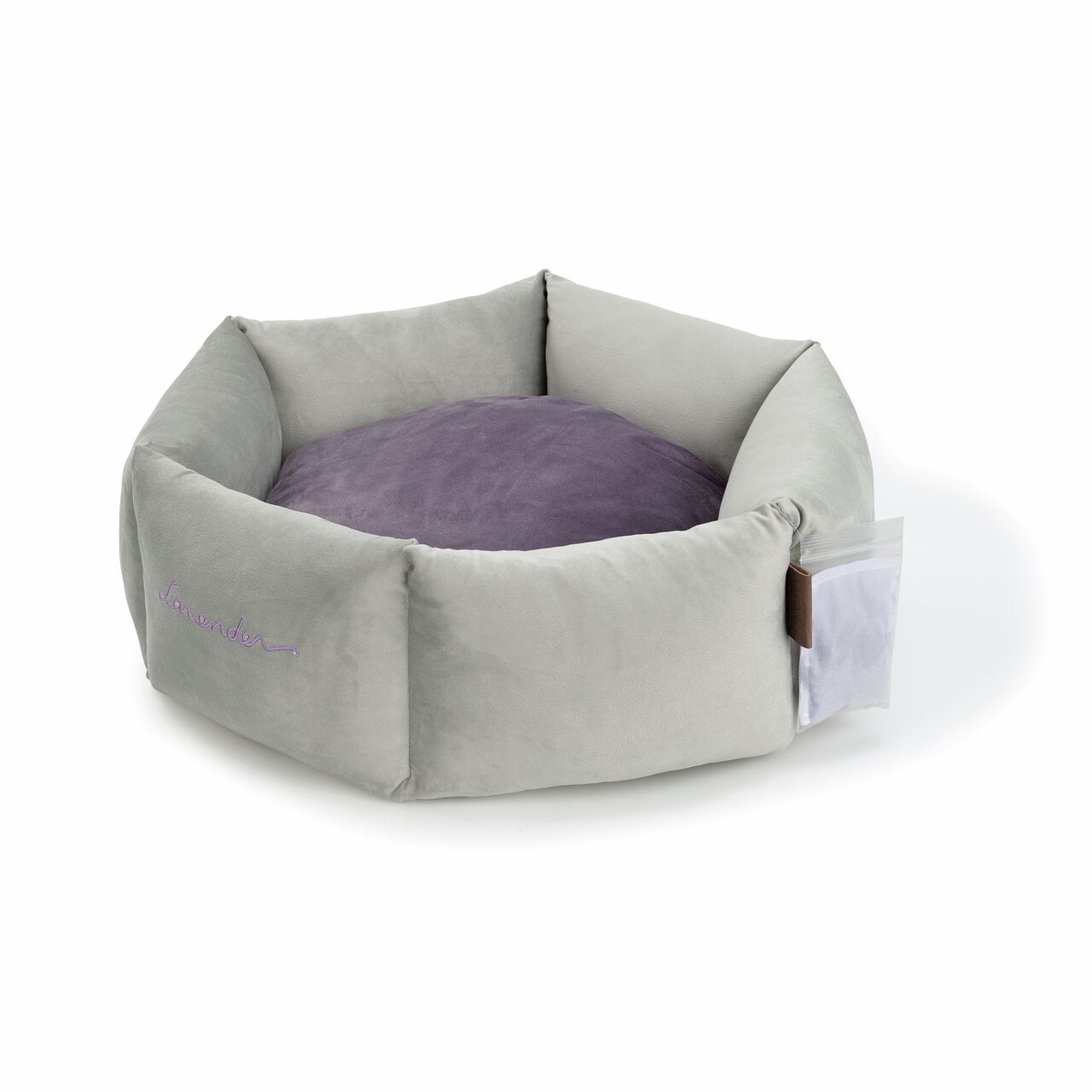 Weiches Hundebett von More For in Grau und Lila, ideal für kleine bis mittelgroße Hunde, mit entnehmbarem Kissen.