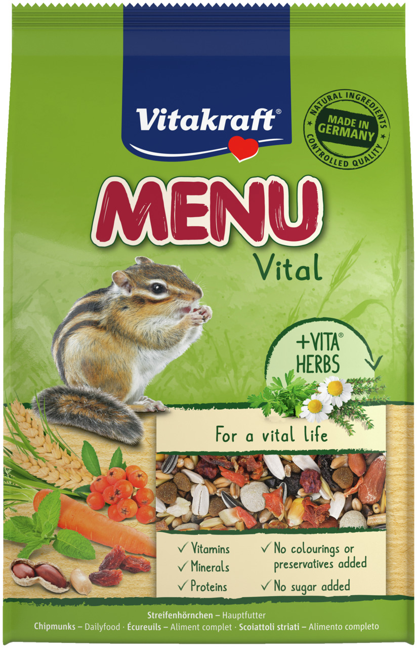 Vitakraft Menu Vital Hauptfutter f. Streifenhörnchen, 600 g, mit Vitaminen, Mineralstoffen, Proteinen, Vita® Herbs, ohne Zuckerzusatz.