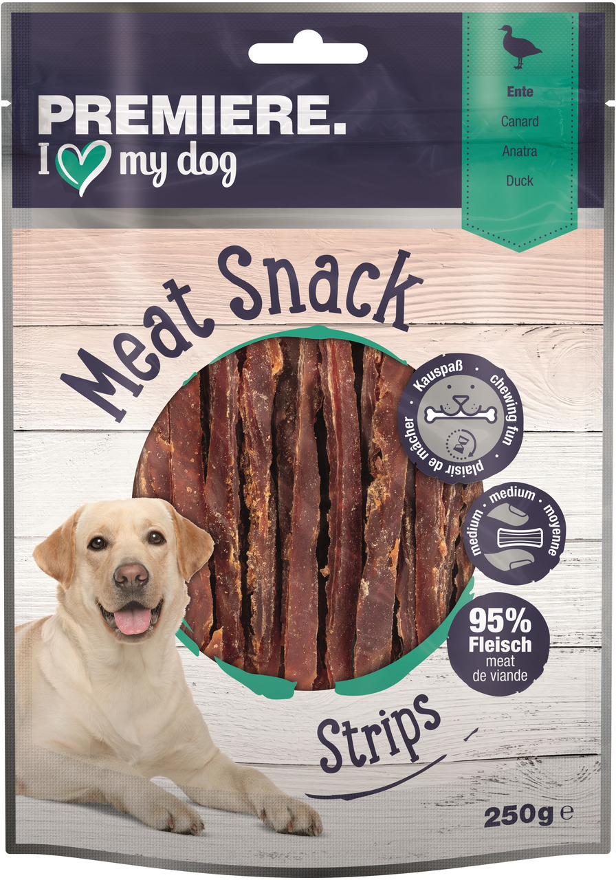 PREMIERE Meat Snack Strips, Hundesnack, Ente, 95 % Fleisch, mittelstarker Kauspaß, 250 g, "I love my dog".
