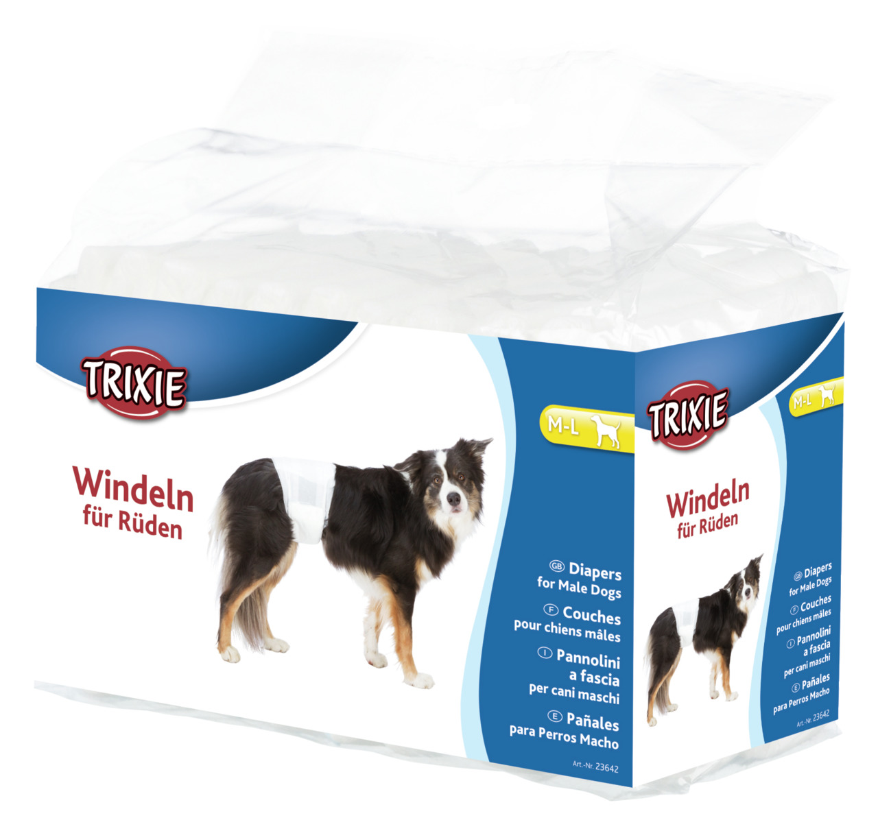 TRIXIE Windeln für Rüden, Gr. M-L, für männl. Hunde, Hygiene bei Inkontinenz-Läufigkeit, mit Hundebild auf Verpackung.