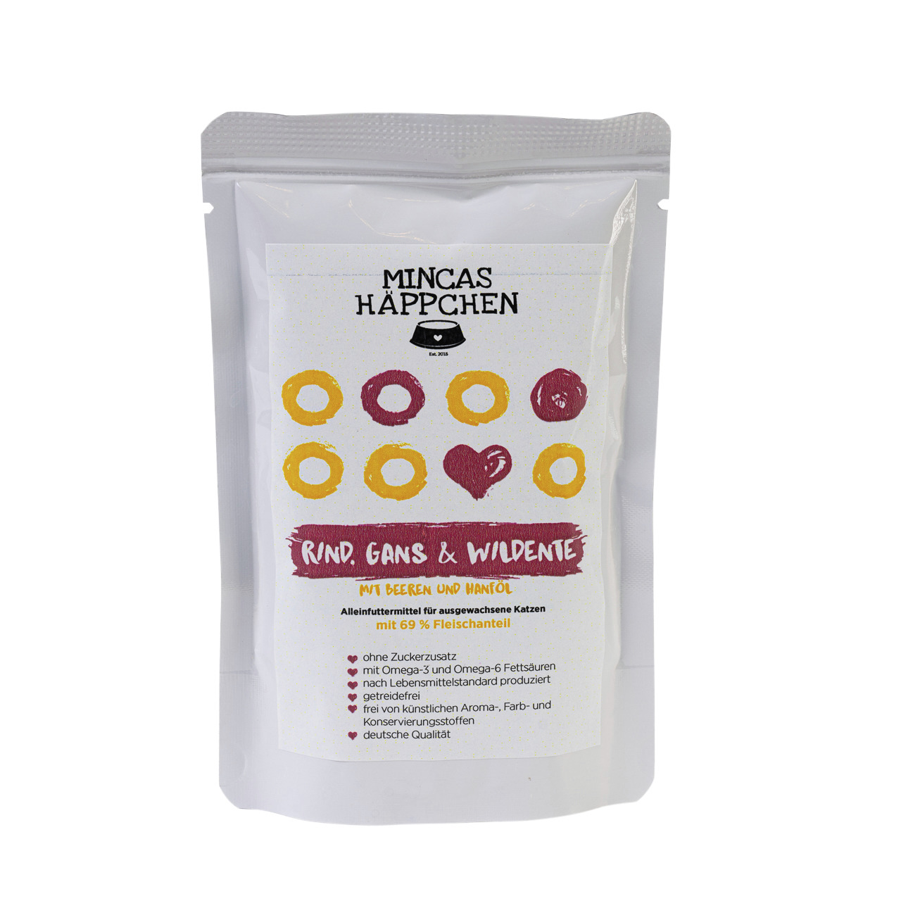 Mincas „MINCAS HÄPPCHEN“: Alleinfutter f. erw. Katzen, Rind-Gans-Wildente, 69 % Fleisch, mit Beeren+Hanföl, ohne Zucker-Getreide-Konservierungsst.