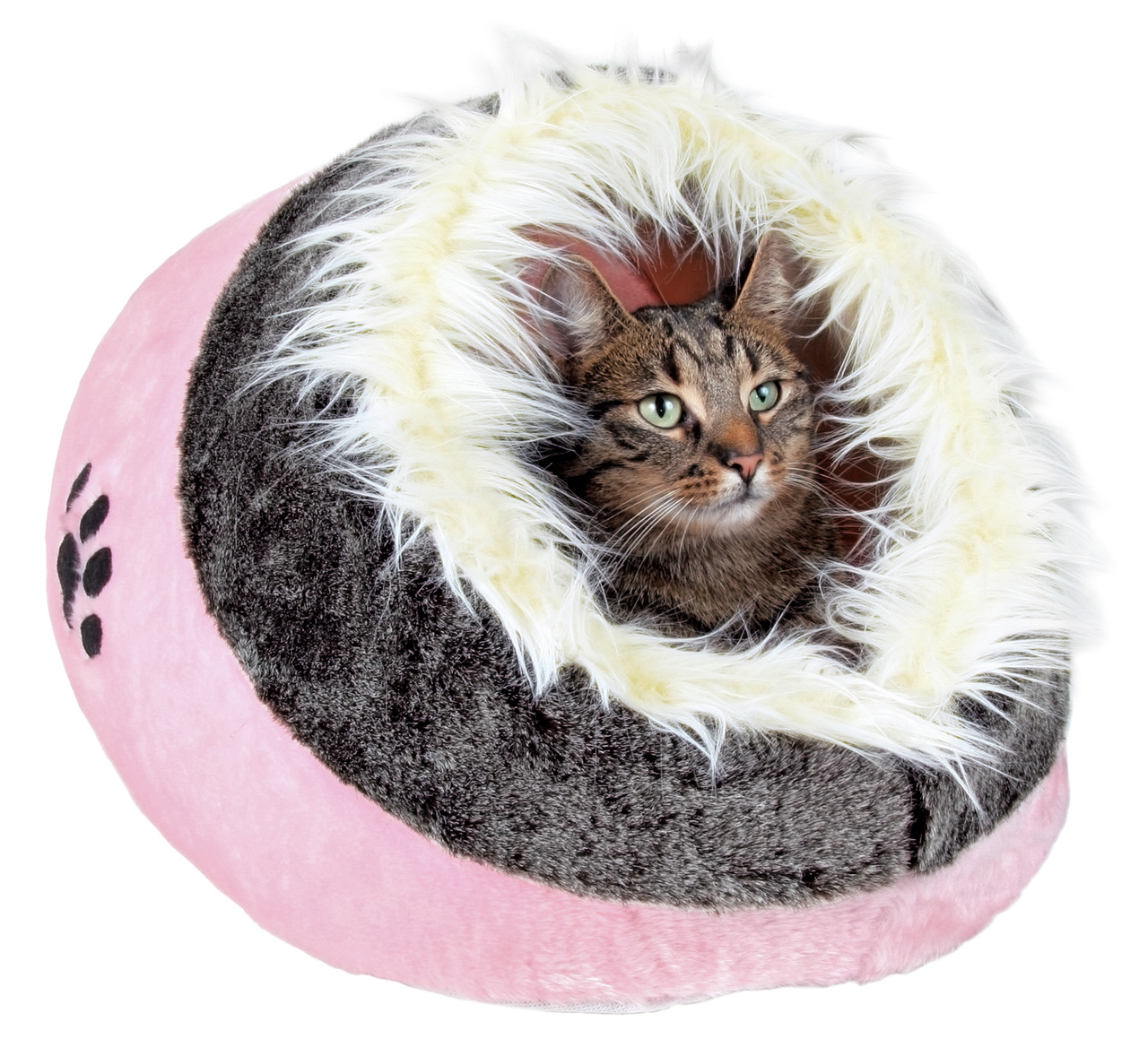Das Bild zeigt ein gemütliches Katzenbett der Marke TRIXIE, Modell "Minou". Es ist speziell für Katzen konzipiert und besteht aus weichem Plüsch in Rosa und Grau mit einer cremefarbenen, flauschigen Umrandung. Das Bett hat eine Höhlenform, die Geborgenhei