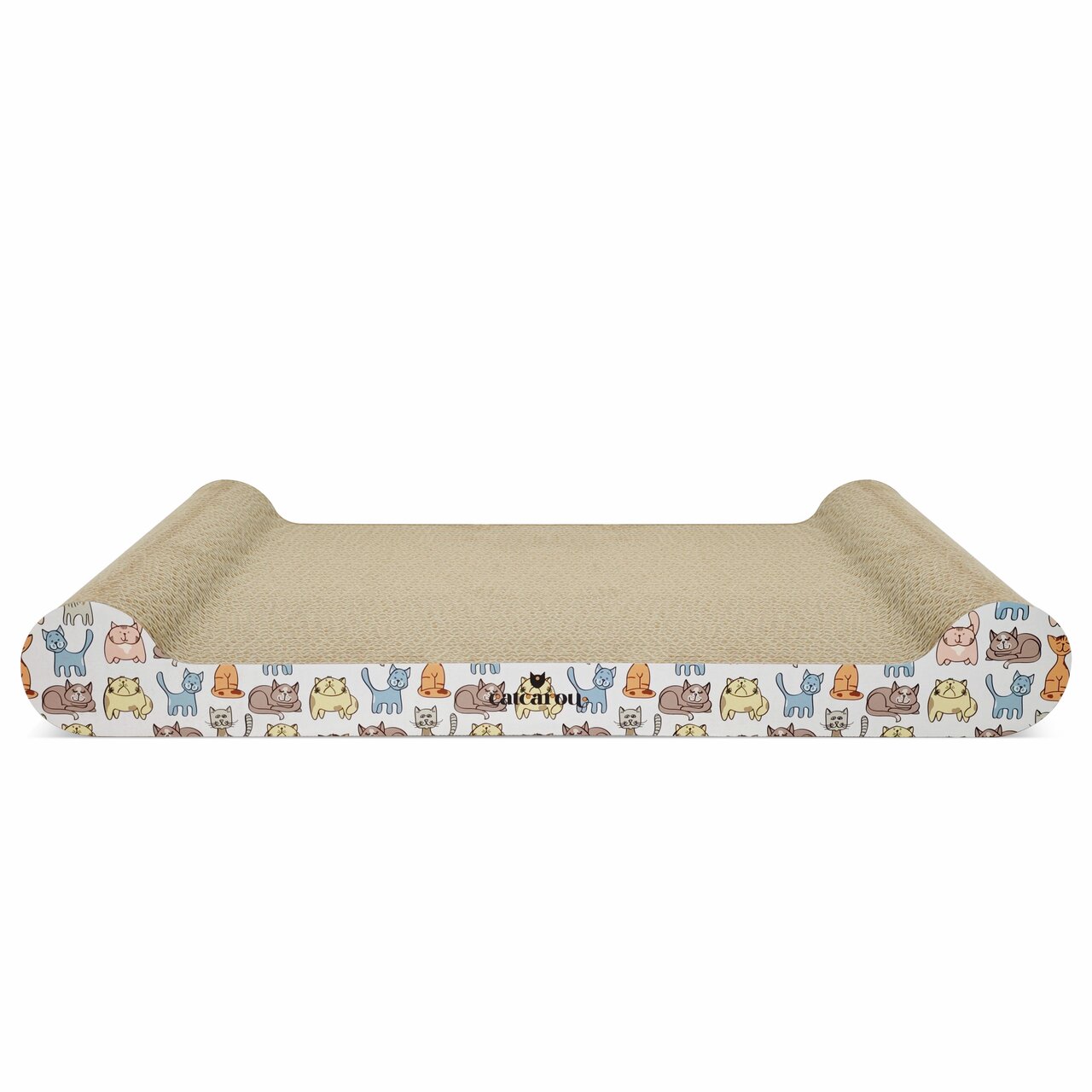 Katzenkratzbrett von Catcarou, für Katzen, aus Pappe, mit buntem Katzenmuster, ideal zum Kratzen und Entspannen.