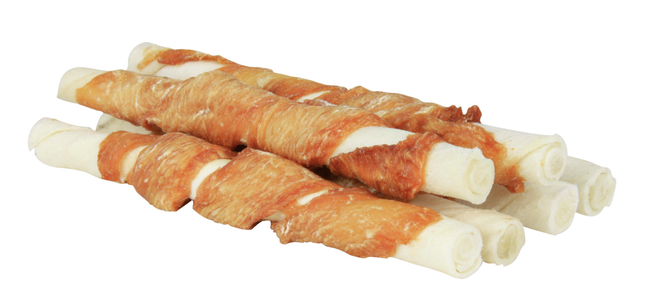 Auf dem Bild sind TRIXIE Kaurollen für Hunde zu sehen, umwickelt mit getrocknetem Hähnchenfleisch. Diese Leckerlis sind speziell für Hunde entwickelt und bieten eine schmackhafte Belohnung. Die Geschmacksrichtung ist Huhn, und die Packung enthält mehrere 