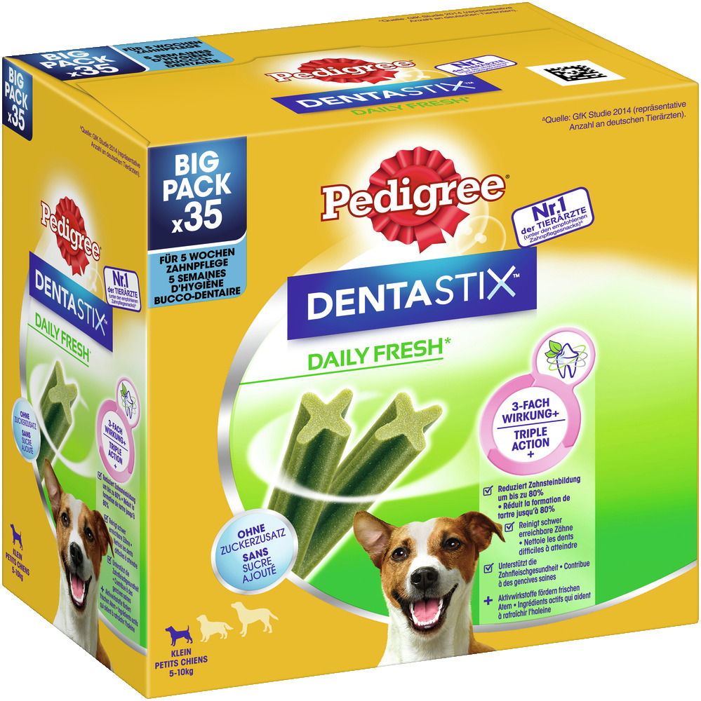 Pedigree Dentastix Daily Fresh, kl. Hunde (5-10 kg), 35 Stk., 3-fach Wirkung: Zahnsteinreduktion, gesunde Zähne, frischer Atem.
