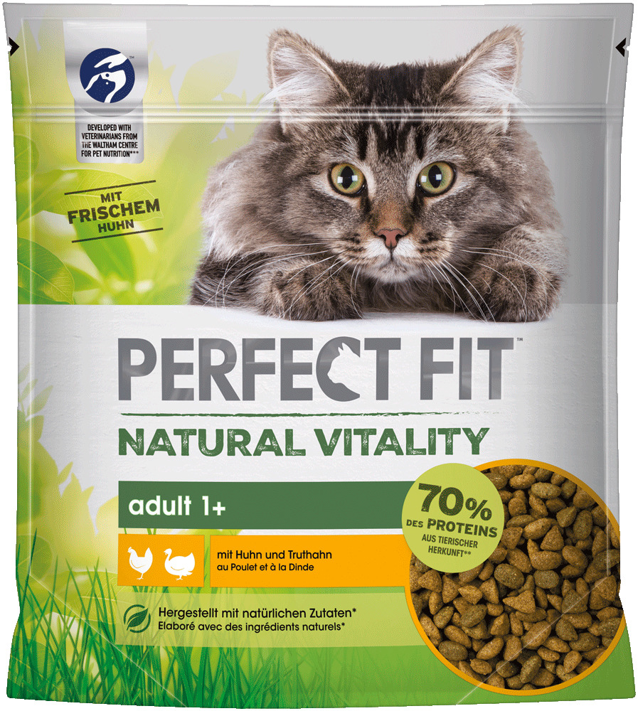 Perfect Fit Natural Vitality, Trockenfutter für Katzen ab 1 Jahr, Huhn & Truthahn, 70 % tierische Proteine, 750 g, natürliche Zutaten.