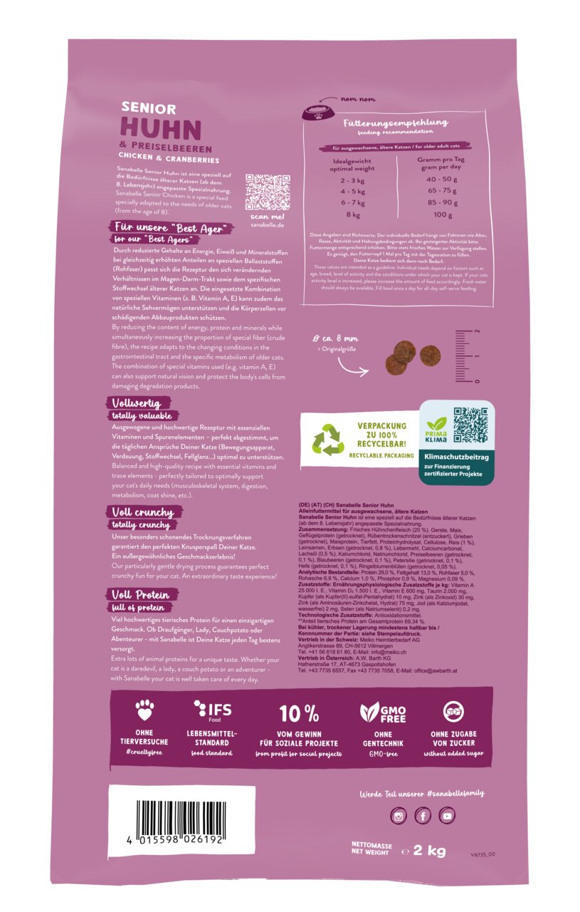 Sanabelle Senior Huhn & Preiselbeeren, 2 kg, für ältere Katzen. Ohne Gentechnik-Zucker, recycelbar, unterstützt Vitalität & Gesundheit.
