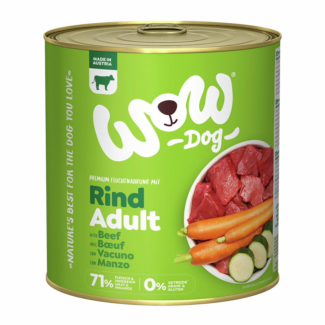 Premium-Hundefutter von WOW Dog für erwachsene Hunde, Rindgeschmack, 71 % Fleisch, mit Gemüse, 800 g Dose, getreidefrei.