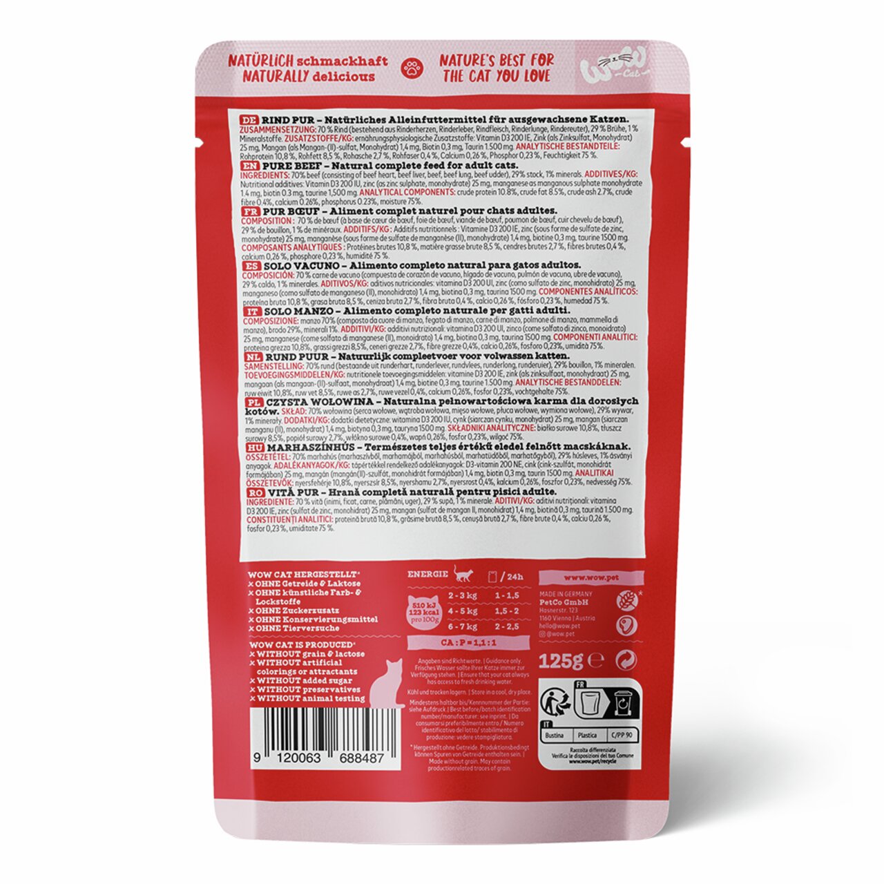 WOW CAT Rind Pur, Alleinfutter f. erw. Katzen, Geschm.: Rind, 125 g, ohne Getreide, Zuckerzusatz, künstl. Farb--Konservierungsstoffe, Tierversuchsfrei