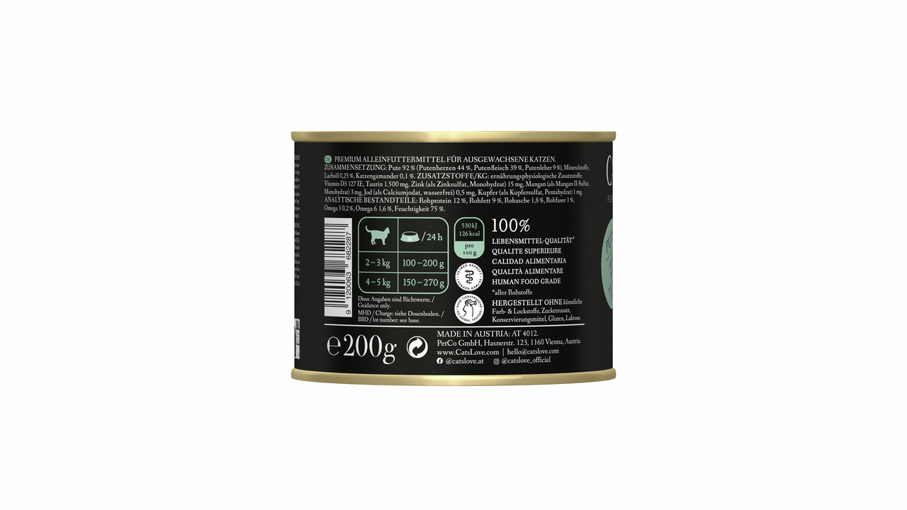 Das Bild zeigt eine 200g-Dose des Premium-Katzenfutters „Cat's Love“ für ausgewachsene Katzen. Die Geschmacksrichtung ist Pute (92 % Putenanteil). Es handelt sich um ein Alleinfuttermittel in Lebensmittelqualität, hergestellt ohne Zuckerzusatz, Getreide, 