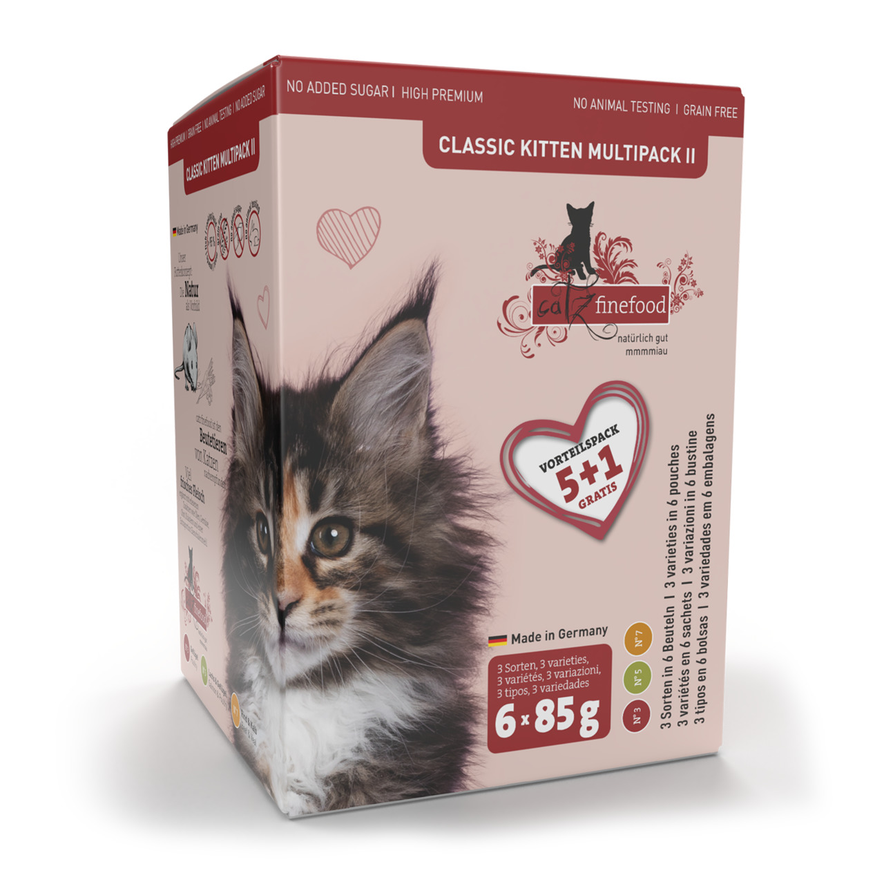 Catz finefood Classic Kitten Multipack II: Hochwertiges Katzenfutter f. Kitten, 3 Sorten, 6x85g, getreidefrei, 5+1 gratis, ohne Zucker-Tierversuche.