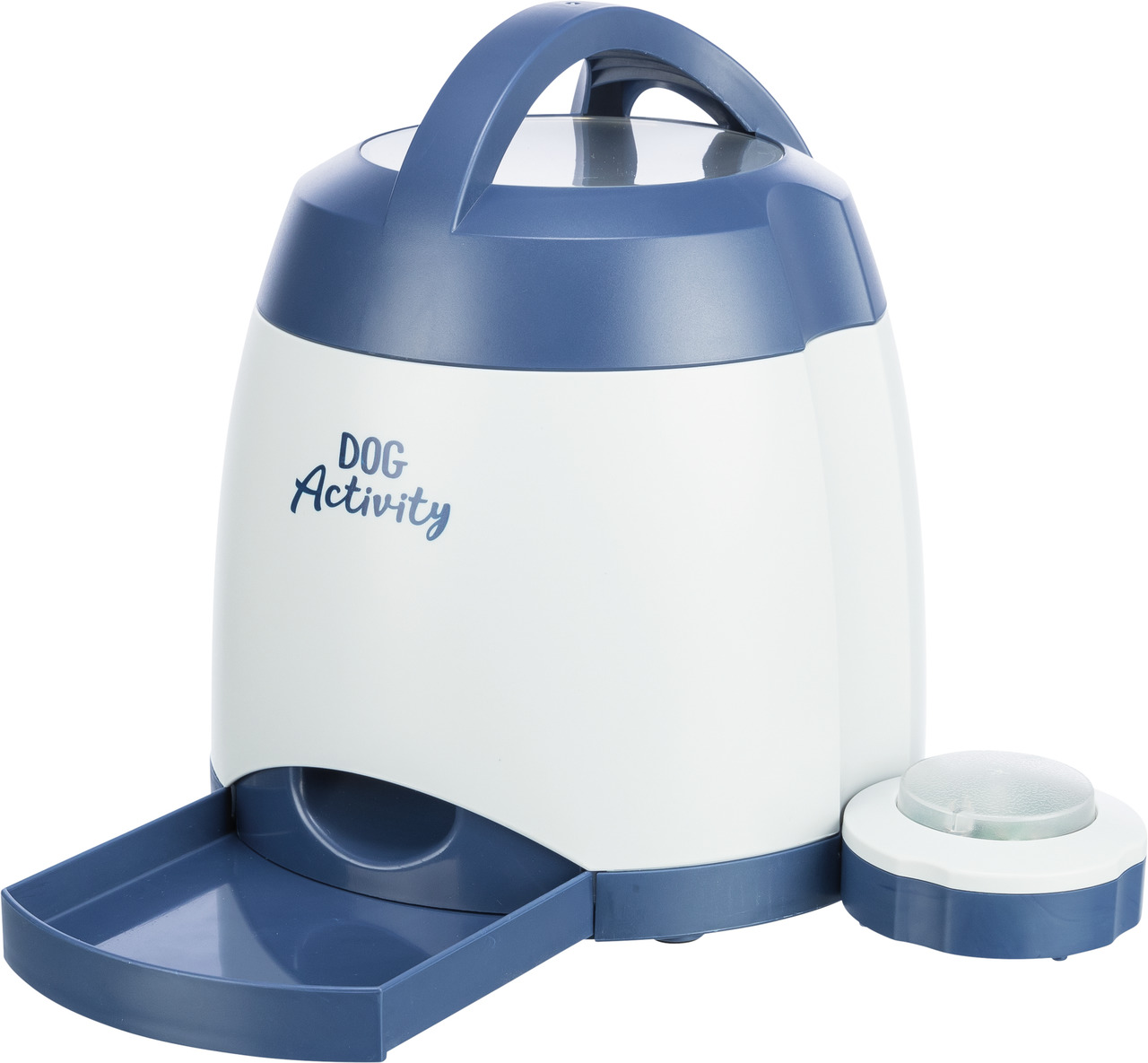 Das Bild zeigt den TRIXIE Dog Activity Memory Trainer 3.0, ein interaktives Spielzeug für Hunde. Es ist in Weiß und Blau gestaltet und besteht aus einem Futterspender mit Schale sowie einem separaten Auslöser. Zielgruppe sind Hunde, die geistig gefördert 