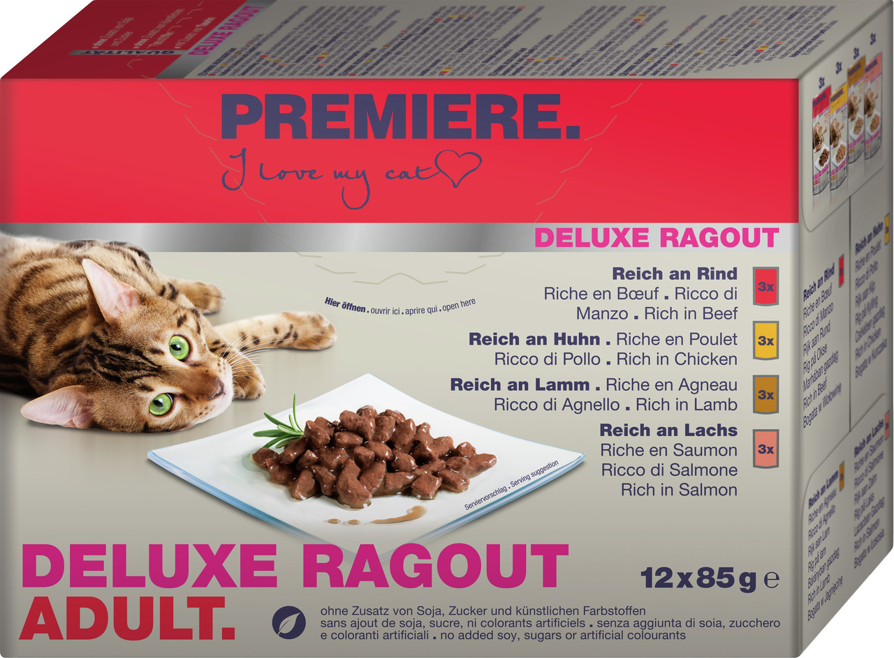 PREMIERE Deluxe Ragout Adult, für ausgewachsene Katzen, 12x85g, Rind/Huhn/Lamm/Lachs, ohne Soja, Zucker & künstl. Farbstoffe.