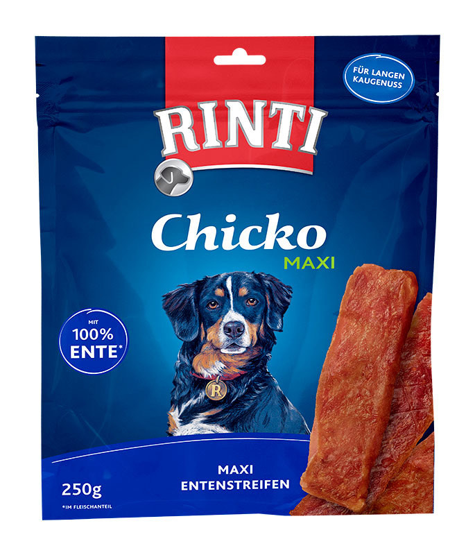 Die Verpackung des Produkts „RINTI Chicko Maxi“ zeigt Entenstreifen für Hunde. Die Zielgruppe sind Hunde, und die Geschmacksrichtung ist Ente. Die Packung enthält 250 g und wirbt mit „100 % Ente“ sowie „Für langen Kauspaß“. Die Verpackung ist in Blau geha