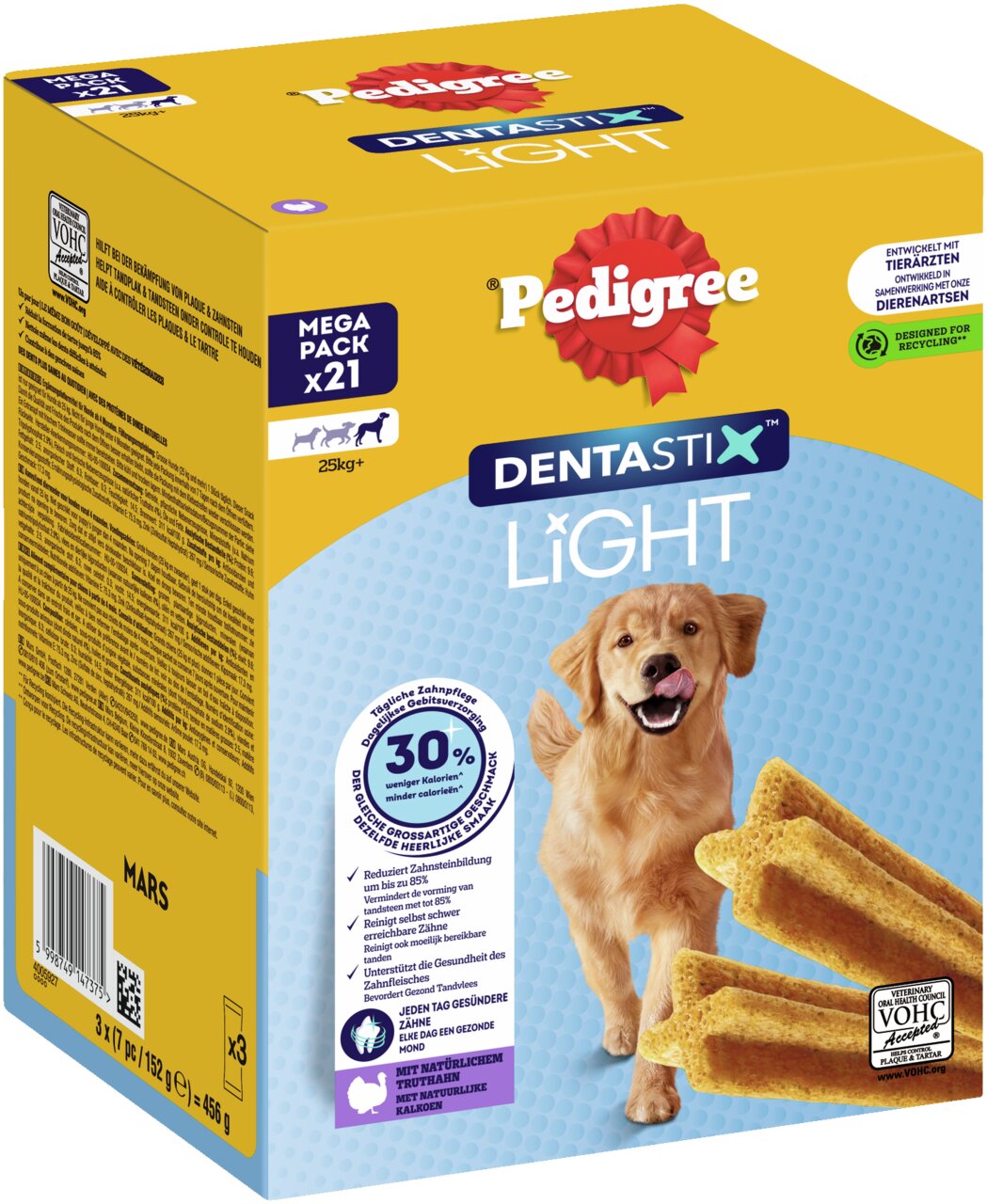 Pedigree Dentastix Light, Hunde ab 25 kg, 21 Sticks, 30 % weniger Kalorien, Zahnpflege, 456 g (3 x 152 g), Mega Pack.