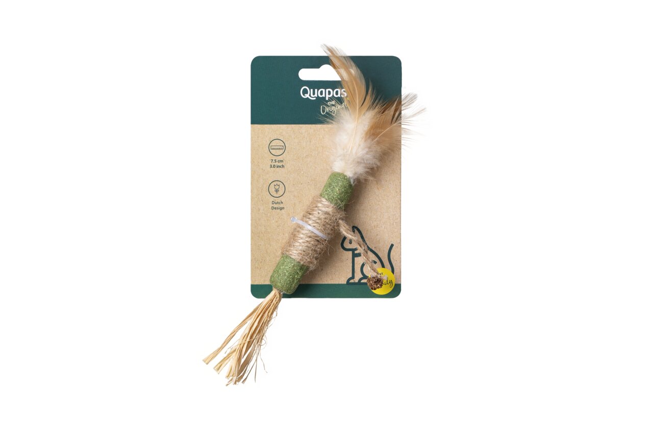Katzenspielzeug „Quapas“ (Marke Quapas), für Katzen, 7,5 cm, grüner Zylinder mit Juteseil, Federn, „Dutch Design“.