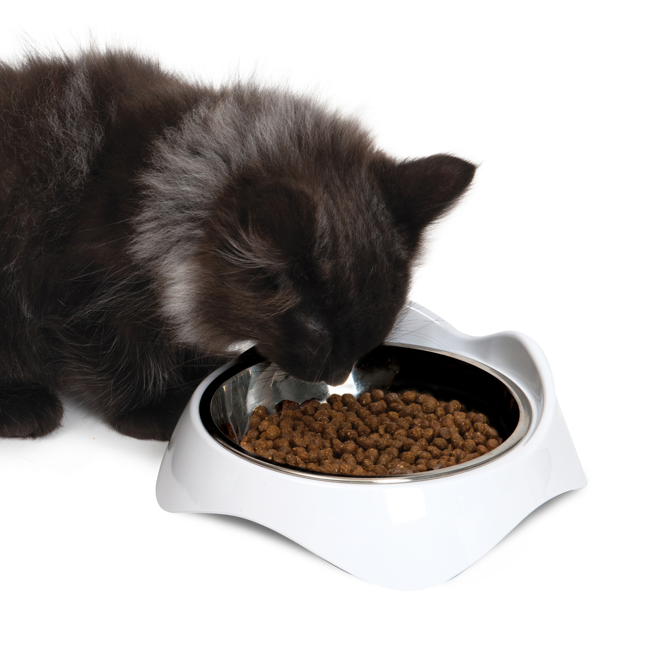 Catit Futterstation für Katzen, ergonomisch, mit Edelstahlschale, gefüllt mit ca. 250 g Trockenfutter.