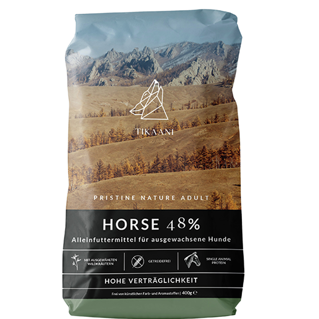 TIKAANI Pristine Nature Adult Horse 48%, Alleinfutter f. erw. Hunde, Pferd (48%), getreidefrei, Wildkräuter, 400 g.