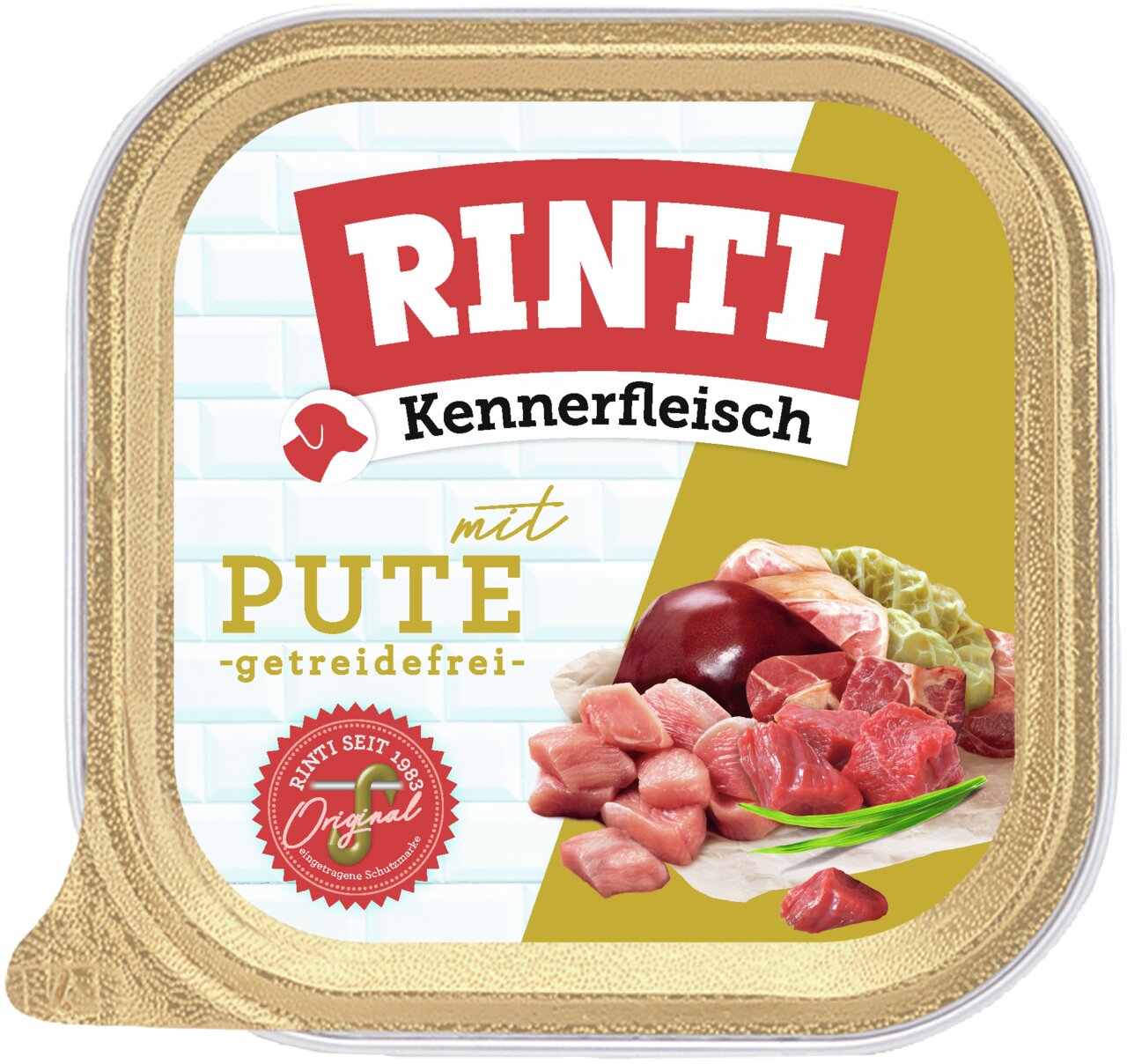 RINTI Kennerfleisch mit Pute, getreidefreies Nassfutter für Hunde, 300 g, mit natürlichen Fleischstücken, ohne Zusatzstoffe.
