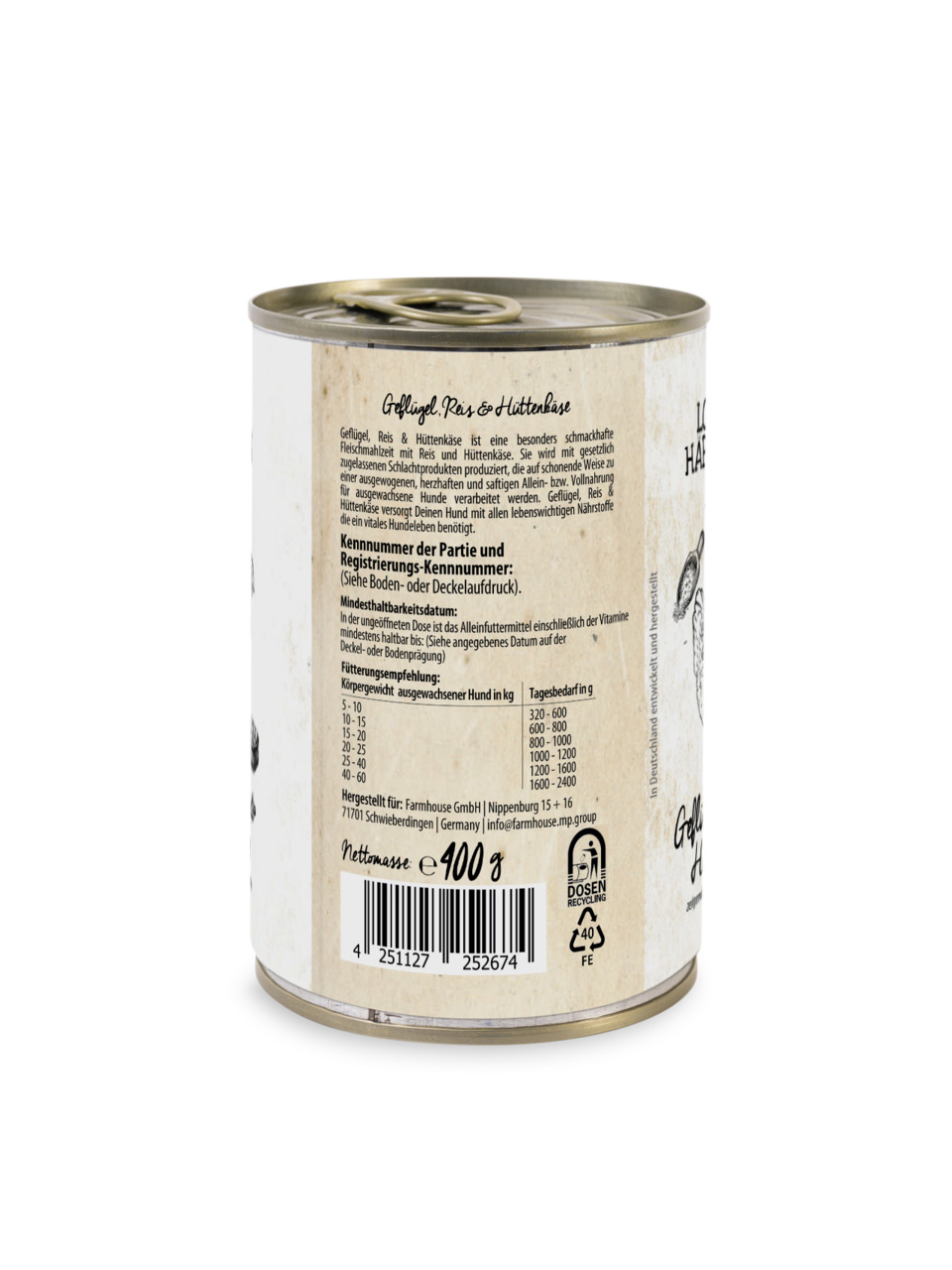 Das Bild zeigt eine 400 g Dose des Hundefutters „Lottis Häppchen – Geflügel, Reis & Hüttenkäse“. Die Zielgruppe sind ausgewachsene Hunde. Das Produkt enthält Geflügel, Reis und Hüttenkäse als Hauptzutaten und wird als Alleinfuttermittel beworben. Die Verp