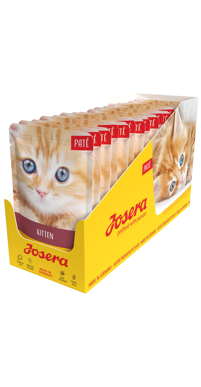 Josera Paté Kitten-Nassfutter, junge Katzen, Geflügel, mit niedlichem Kätzchen auf der Verpackung, Menge nicht erkennbar.