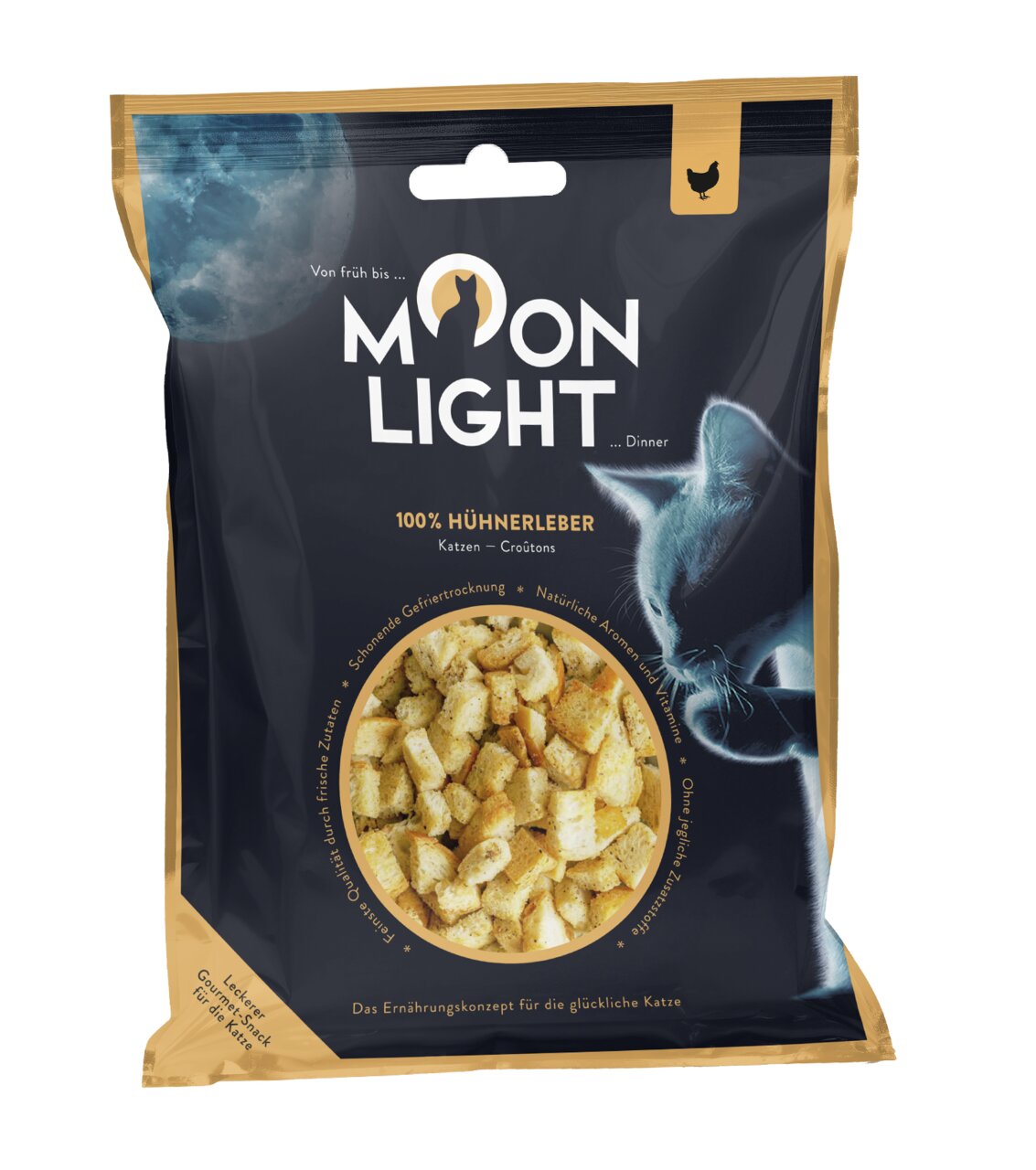 Moonlight Dinner Katzenfutter, Hühnerleber, gefriergetrocknet, ohne Zusätze, nat. Aromen, 50 g, hochwertige Qualität für Katzen.