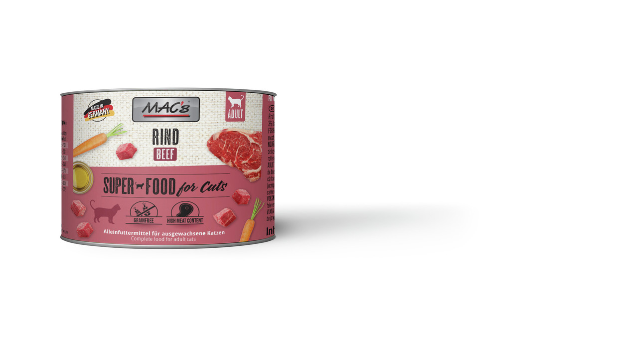 MAC's Katzenfutter Rind, Alleinfutter f. erw. Katzen, getreidefrei, hoher Fleischanteil, 200 g.