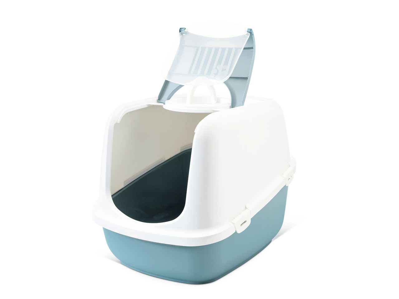 Katzentoilette SAVIC Nestor, für alle Katzenrassen, Weiß-Blau, mit Klappe & abnehmbarem Deckel, reduziert Gerüche, ideal innen.