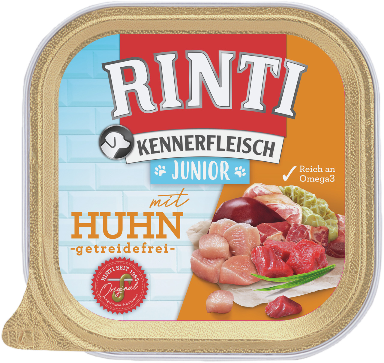 RINTI Kennerfleisch Junior, Nassfutter f. junge Hunde, getreidefrei, Huhn, reich an Omega-3, Fleischstücke, 400g.