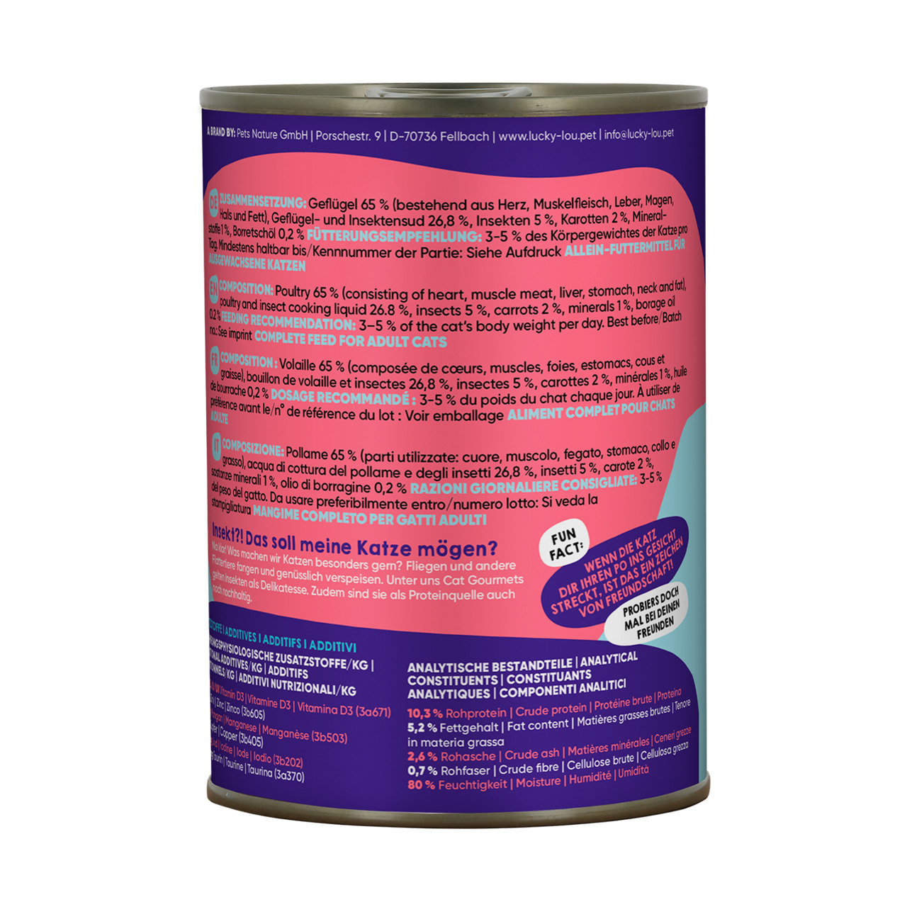 Lucky Lou Katzenfutter, erw. Katzen, Geflügel+Insekten, 65% Geflügel, Insekten+Karotten, hochwertige Proteinquelle.