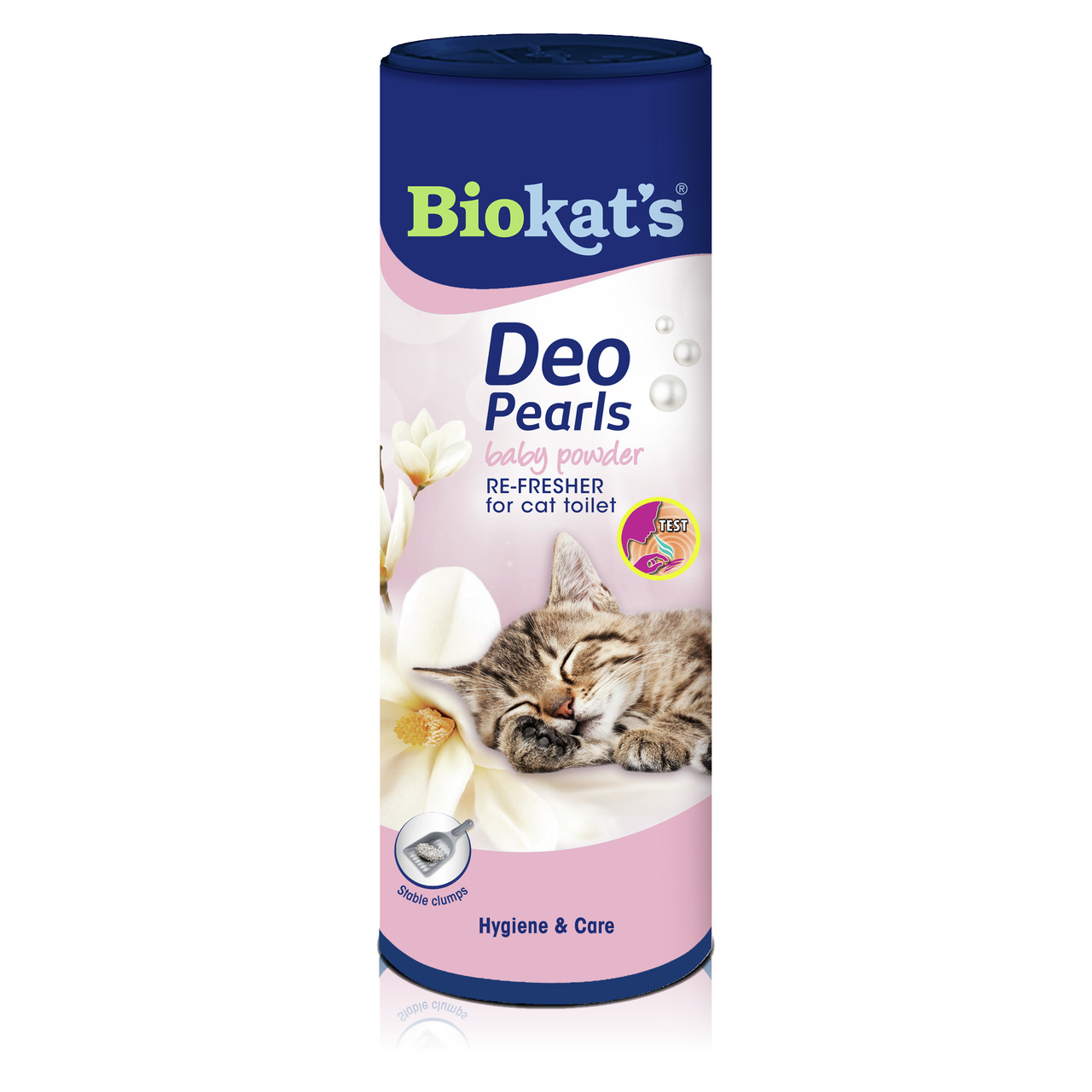 Das Bild zeigt eine zylindrische Verpackung des Produkts „Biokat's Deo Pearls Baby Powder“. Es handelt sich um ein Hygieneprodukt für Katzentoiletten, das für Katzenbesitzer entwickelt wurde. Die Geschmacksrichtung ist Baby Powder, und die Verpackung enth