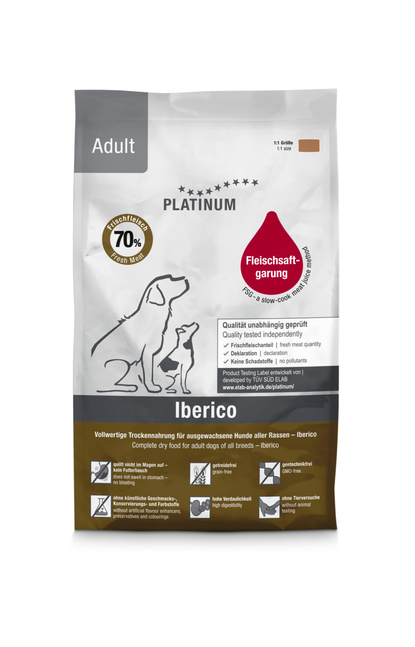 PLATINUM Adult Iberico, Trockenfutter f. Hunde, 70 % Frischfleisch, getreidefrei, 1,5 kg, Iberico-Geschmack, schonend zubereitet.