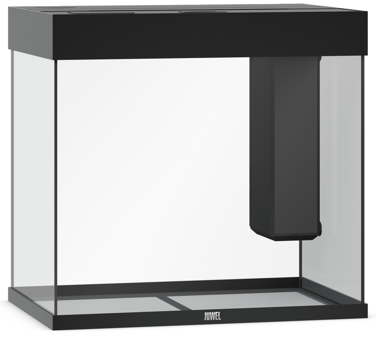 Das Bild zeigt ein JUWEL Aquarium mit rechteckigem Design und schwarzem Rahmen. Es ist ein hochwertiges Aquarium für Aquaristik-Enthusiasten, geeignet für Süß- und Meerwasserfische. Das integrierte Filtersystem ist sichtbar und sorgt für optimale Wasserqu