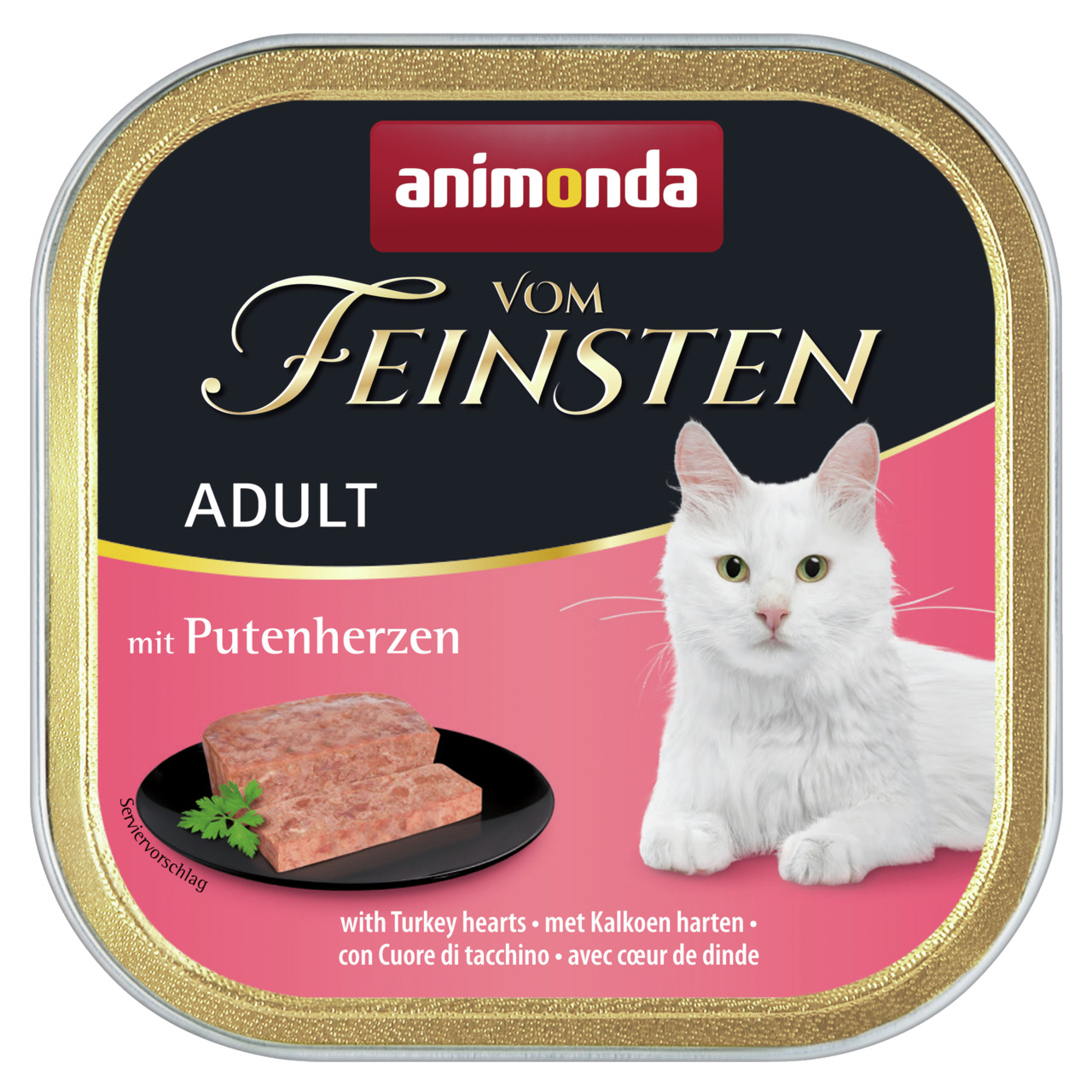 Animonda Vom Feinsten Adult mit Putenherzen, für ausgewachsene Katzen, 100g, hochwertige Zutaten, schwarze & rosa Verpackung.