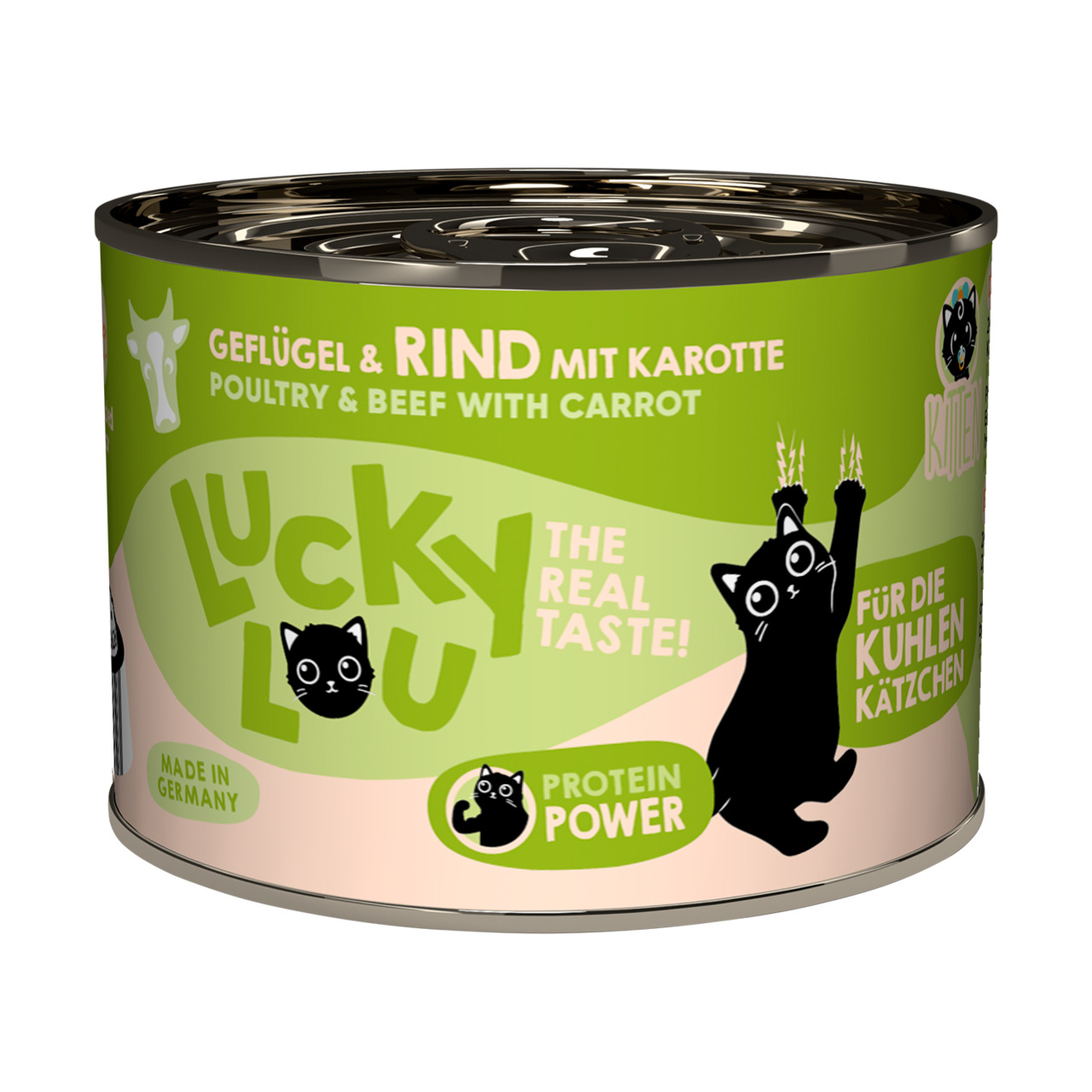 Das Bild zeigt eine Dose Katzenfutter der Marke Lucky Lou mit der Geschmacksrichtung Geflügel und Rind, verfeinert mit Karotte. Die Zielgruppe sind Katzen, speziell „coole Kätzchen“. Auf der Dose steht „Protein Power“ und „The Real Taste!“. Die Menge ist 