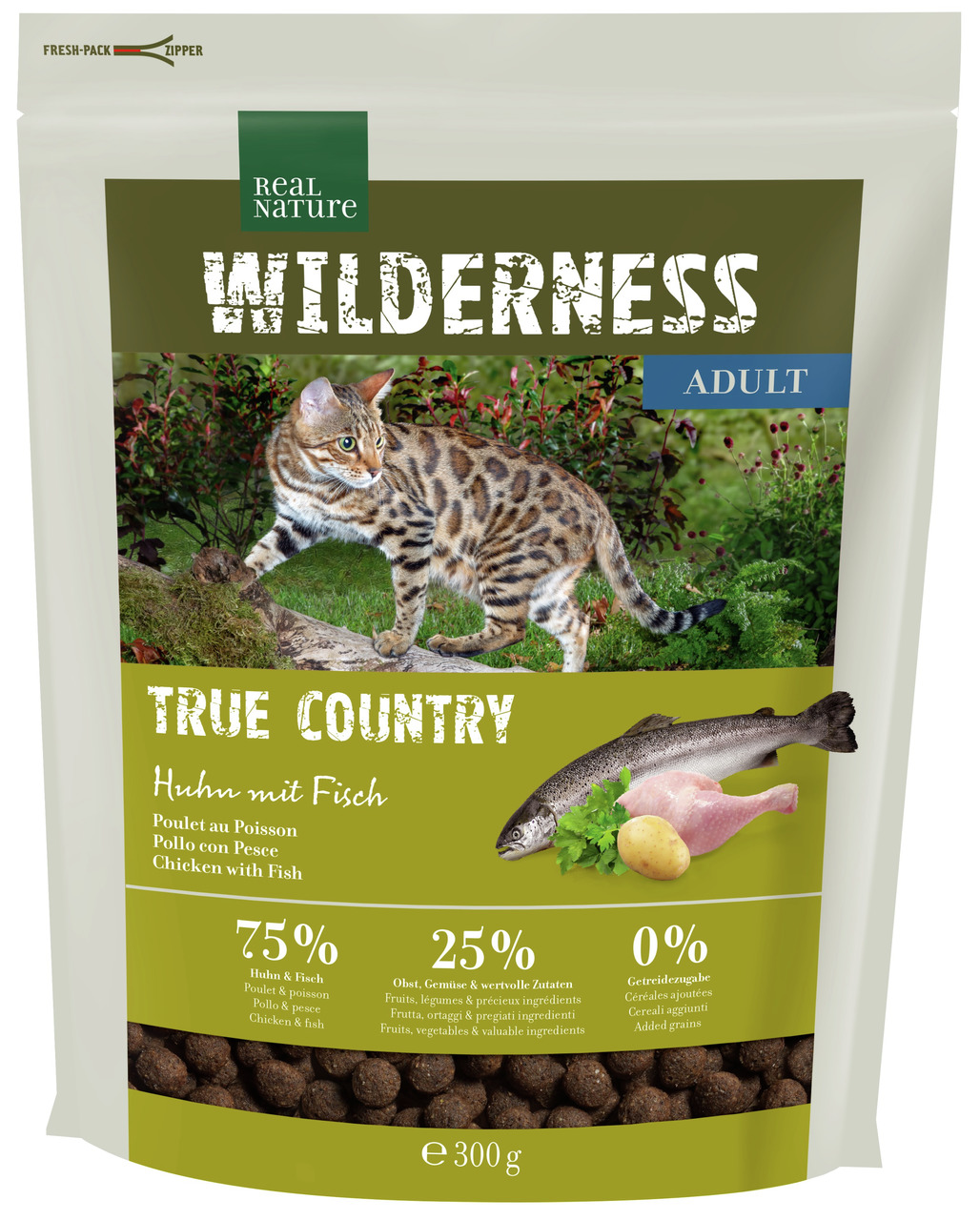REAL NATURE WILDERNESS TRUE COUNTRY Katzenfutter Adult, Huhn+Fisch, 75 % Huhn+Fisch, 0 % Getreide, 300 g.