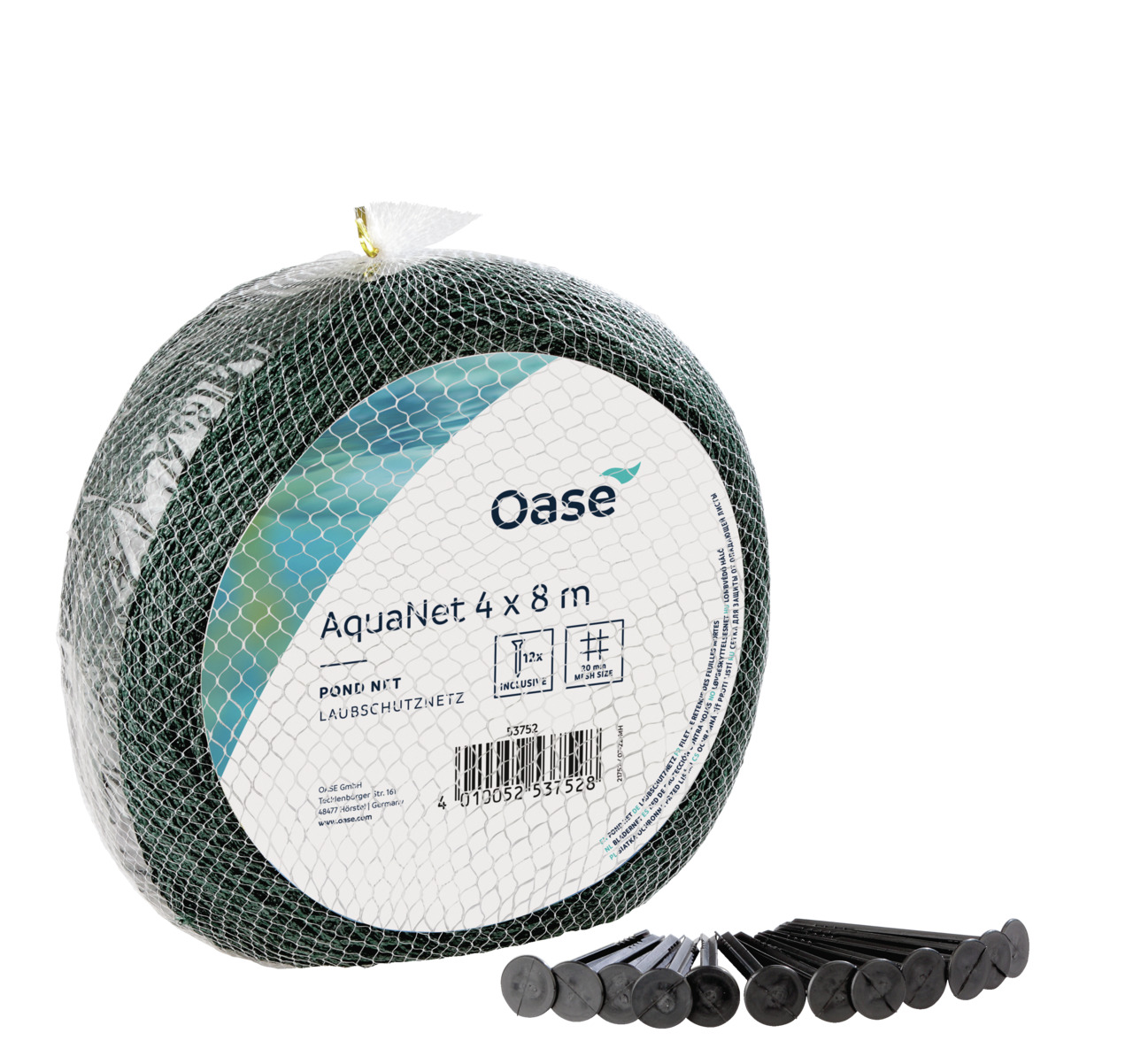 Oase AquaNet 4x8m Laubschutznetz, für Teichbesitzer, hält Laub-Schmutz fern, inkl. 12 Nägel, Maße auf Verpackung.
