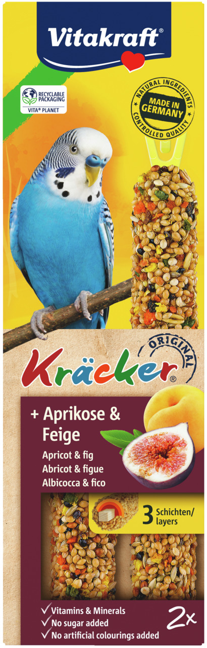 Das Bild zeigt das Produkt "Vitakraft Kräcker Original" für Wellensittiche in der Geschmacksrichtung Aprikose und Feige. Die Verpackung enthält zwei Stangen mit drei Schichten, die natürliche Zutaten und Vitamine bieten. Hergestellt in Deutschland, ohne Z