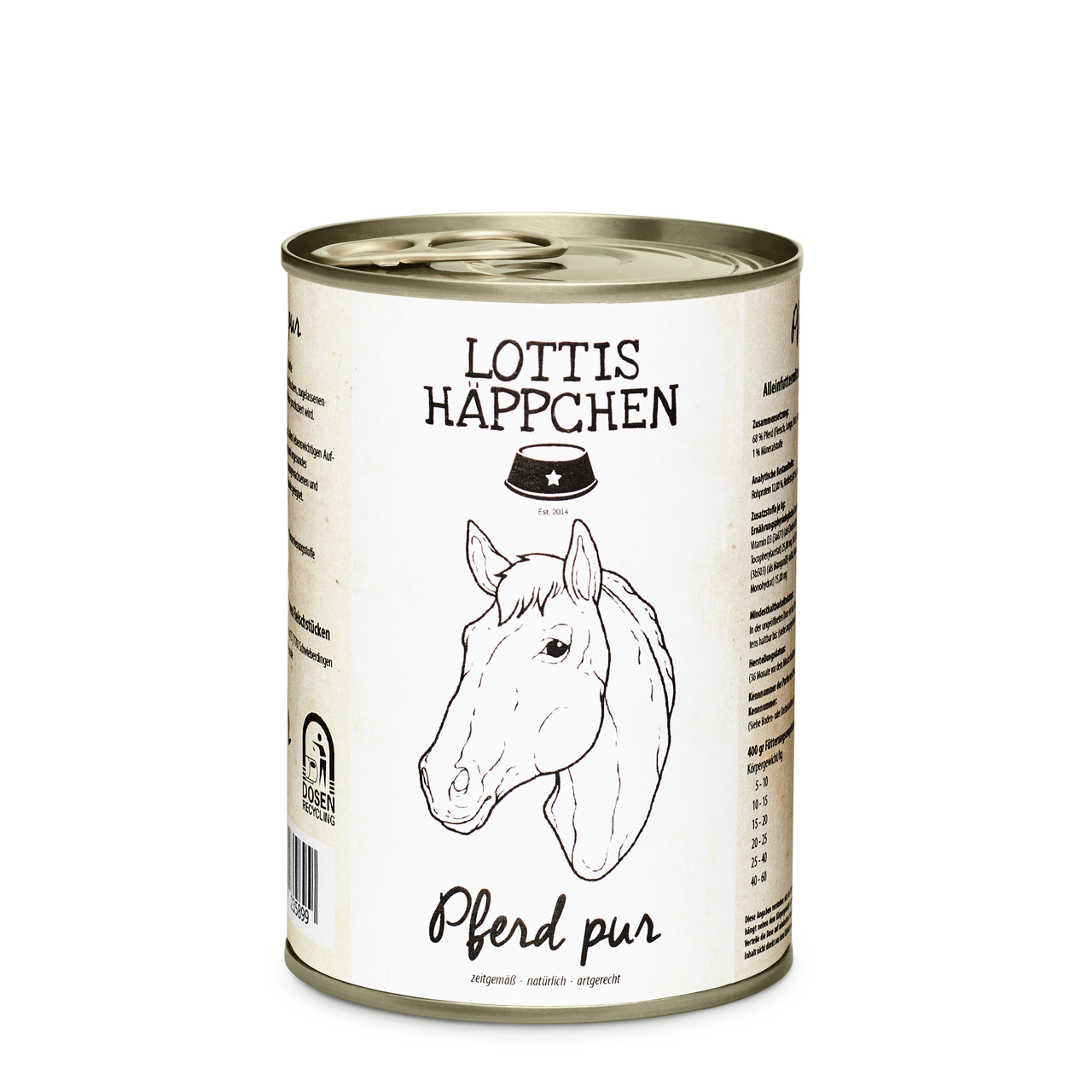 Lottis Häppchen Hundefutter „Pferd pur“, 400 g, für Hunde. Natürliche, artgerechte Ernährung.