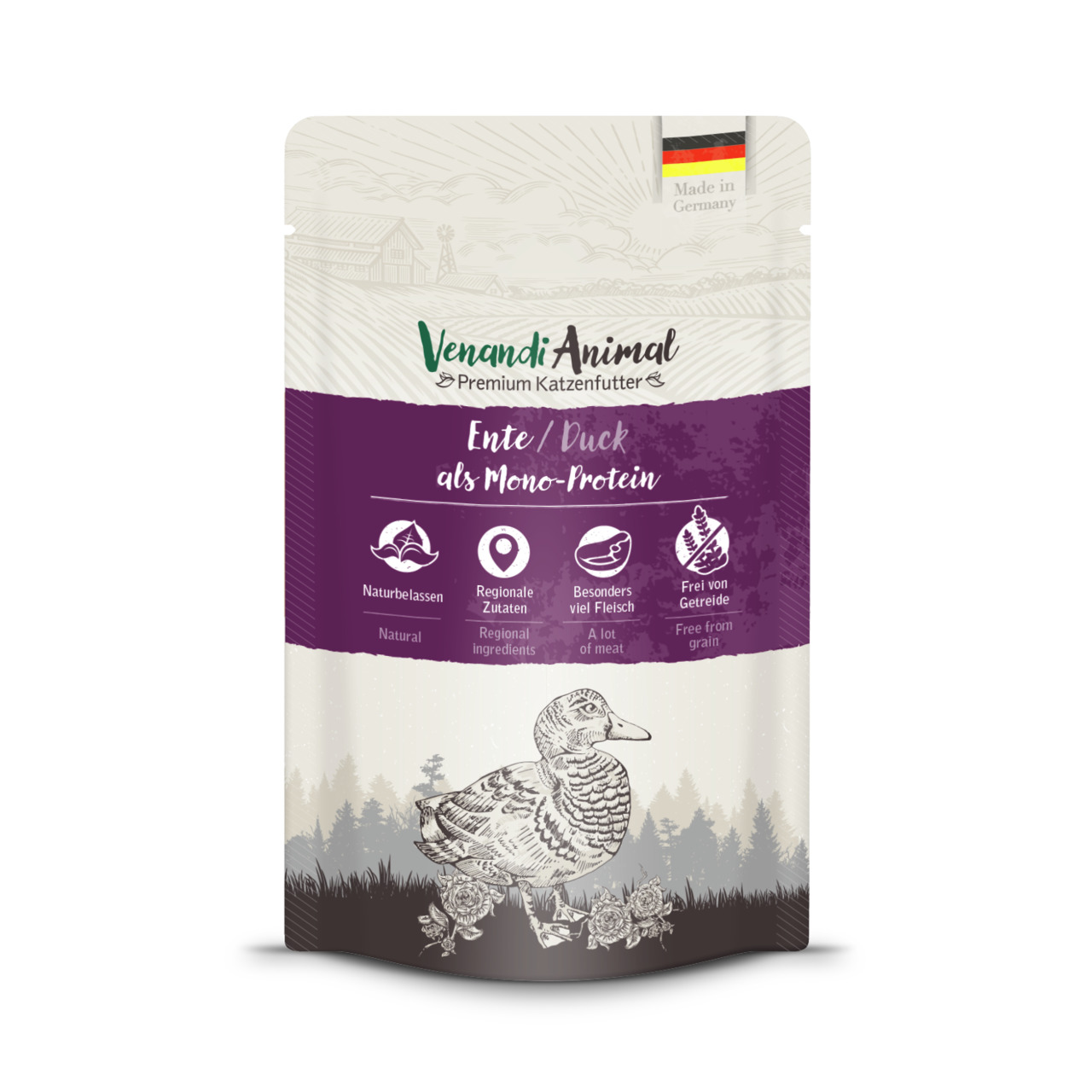 Venandi Animal Katzenfutter Ente, Mono-Protein, nat. Zutaten, viel Fleisch, getreidefrei, Made in Germany, ländl. Design.