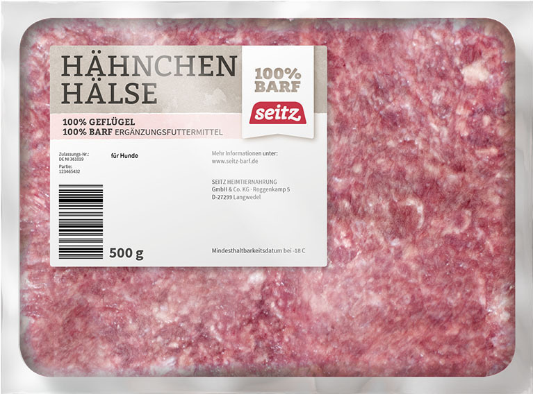 Seitz Hähnchenhälse, Ergänzungsfutter für Hunde, 100 % Geflügel, BARF-geeignet, 500 g tiefgefroren, natürliche Qualität.