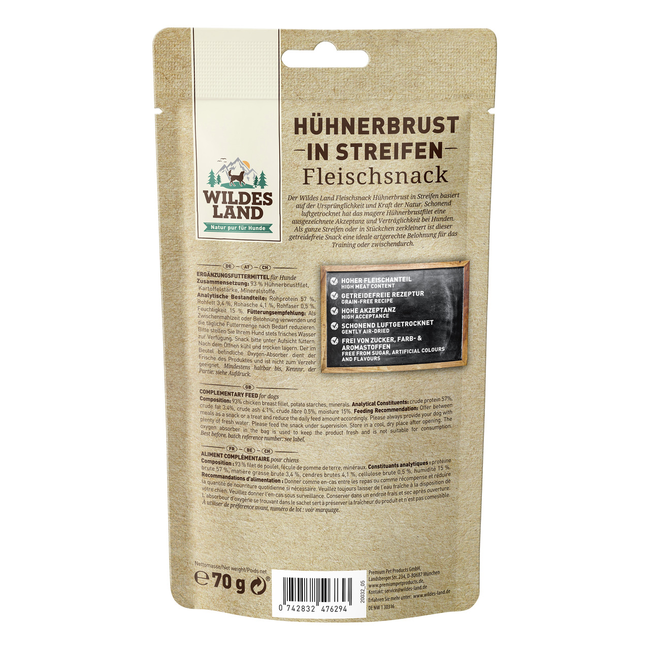 WILDES LAND Snack Hühnerbrust Streifen 70 g