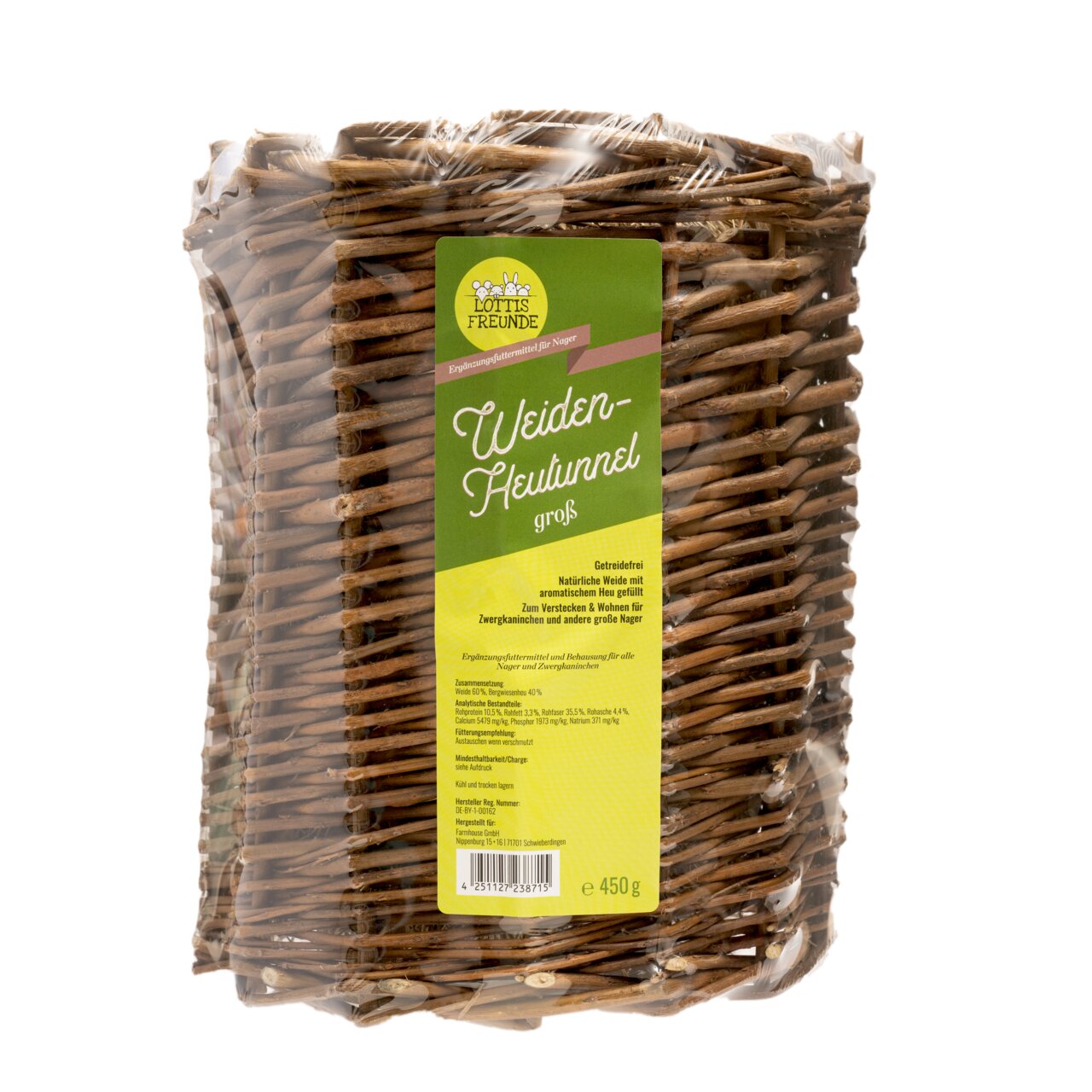 LOTTIS FREUNDE Weiden-Heutunnel groß, 450 g, für Zwerghamster & große Nager, getreidefrei, aus Weide mit aromat. Heu, Verstecken & Wohnen.