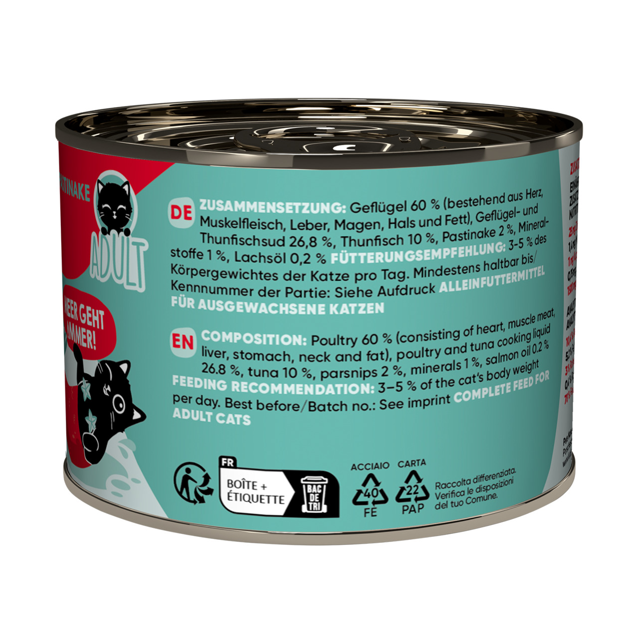 Das Bild zeigt eine Dose Katzenfutter der Marke Lucky Lou mit der Geschmacksrichtung Geflügel und Thunfisch. Es handelt sich um ein Alleinfuttermittel für ausgewachsene Katzen. Die Dose enthält 400 g und hebt die Zusammensetzung hervor: 60 % Geflügel, 26,