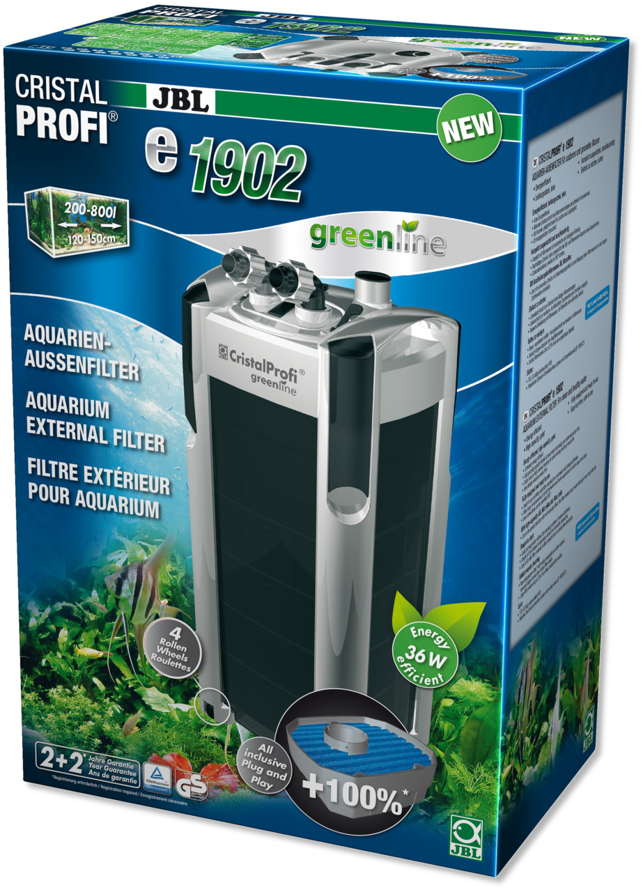 JBL CristalProfi e1902 greenline, Außenfilter für Aquarien (200-800 L, 100-150 cm), 36 W, 100 % mehr Filterleistung, Plug&Play.
